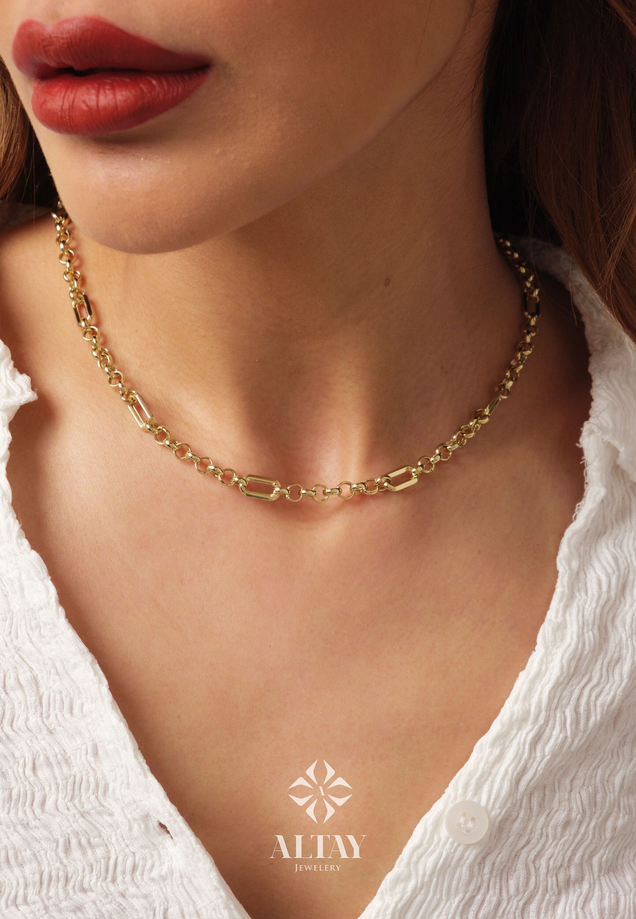 14K Gold Paperclip Rolo Chain Necklace, Rectangle Long Chain, Chunky Round Chain Link Necklace, Layered Necklace, Dainty Chain, Gift For Her