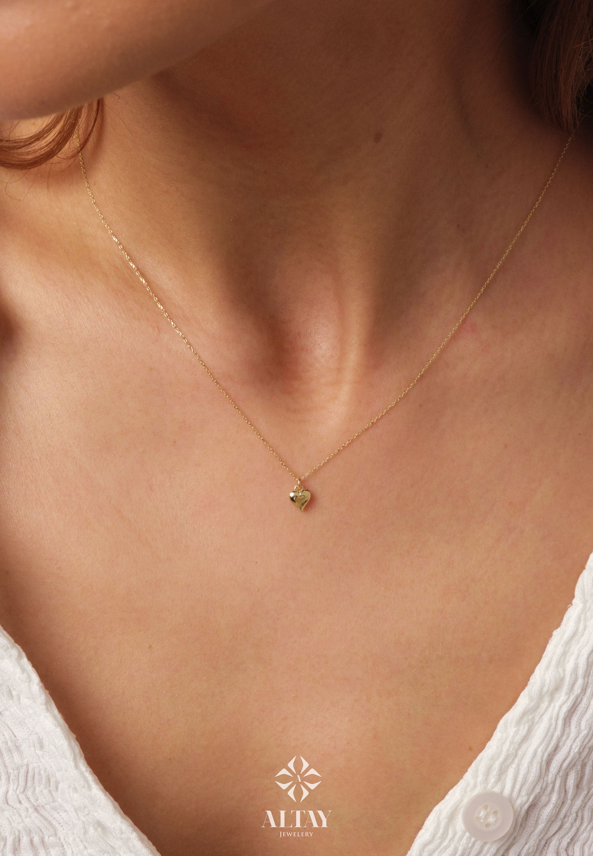 14K Gold Heart Necklace, Puffy Heart Necklace, Mini 3D Heart Pendant, Small Heart Real Gold Charm, Love Pendant Necklace, Gift for Her