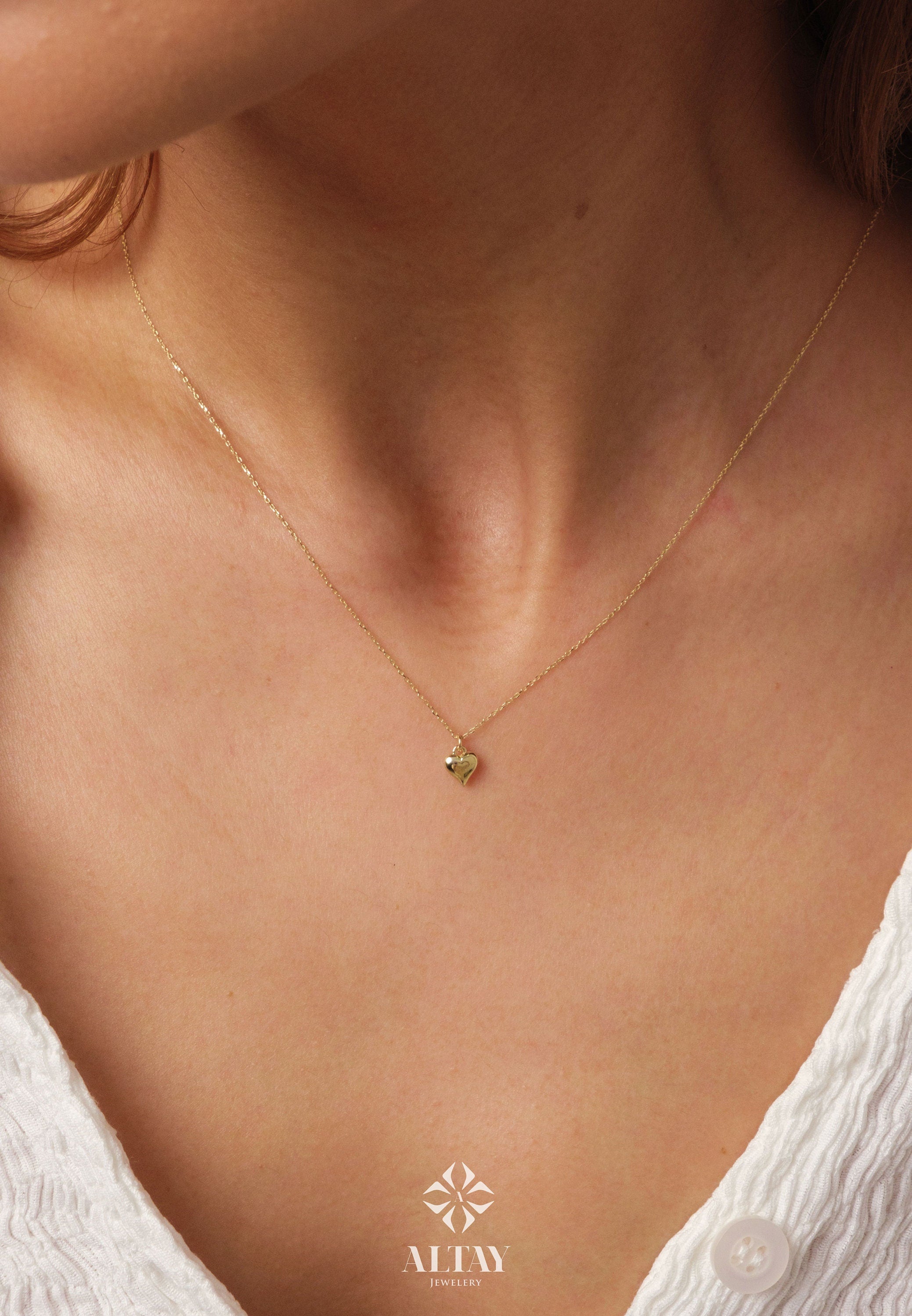 14K Gold Heart Necklace, Puffy Heart Necklace, Mini 3D Heart Pendant, Small Heart Real Gold Charm, Love Pendant Necklace, Gift For Wife