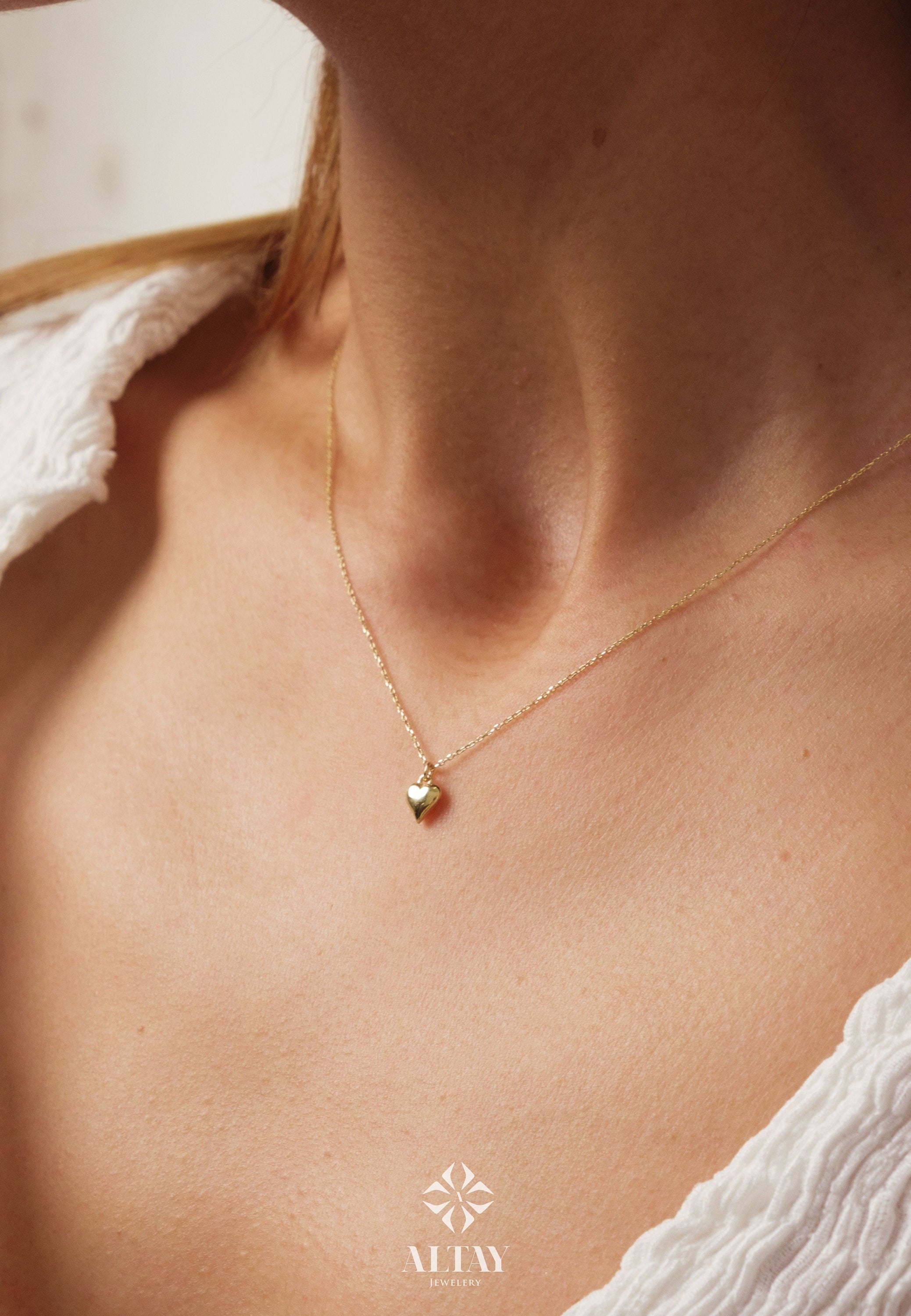 14K Gold Heart Necklace, Puffy Heart Necklace, Mini 3D Heart Pendant, Small Heart Real Gold Charm, Love Pendant Necklace, Gift For Wife
