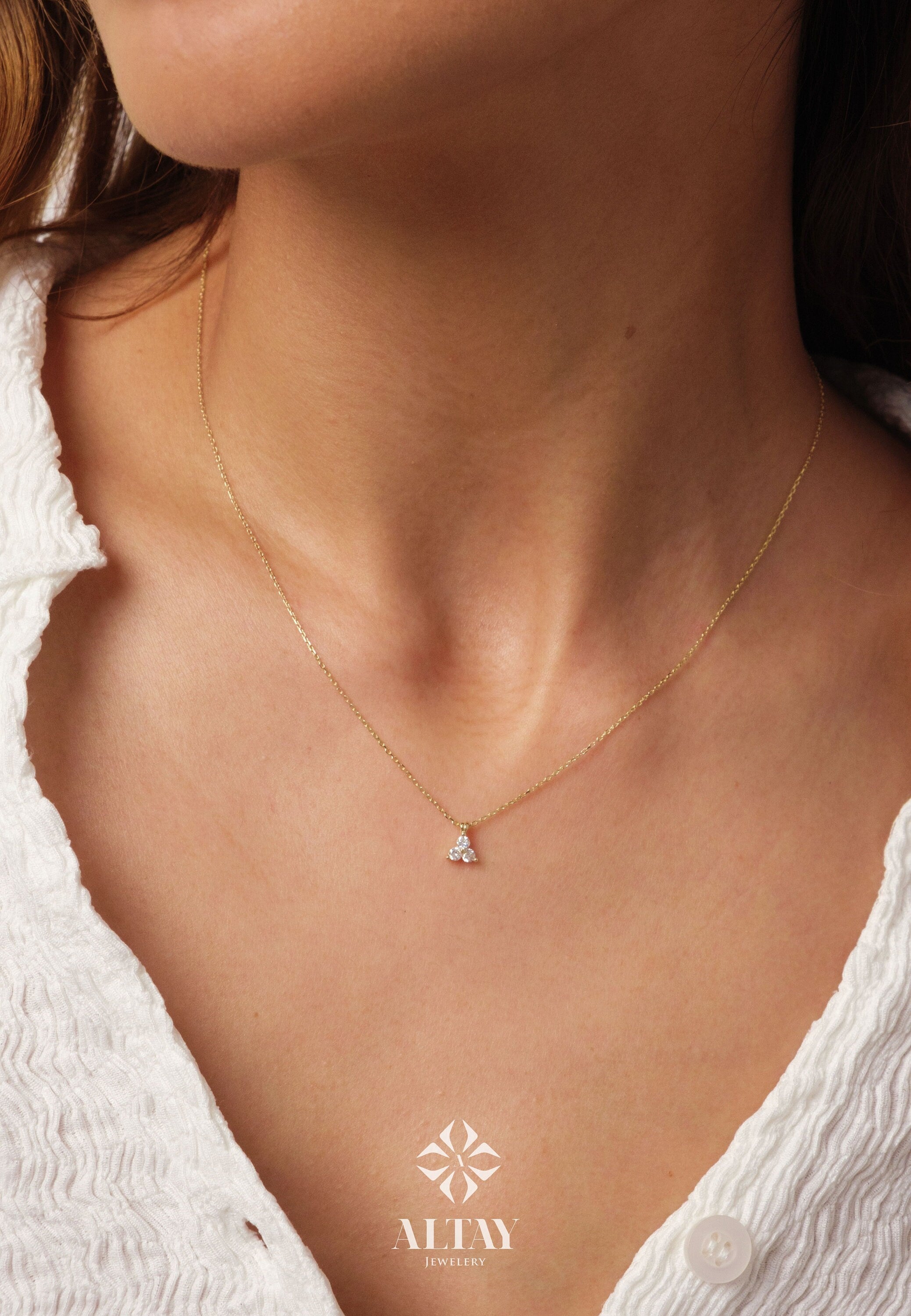 14K Gold Trio Cz Diamond Necklace, 3 Stone Necklace, Prong Set Pendant Necklace, Triangle Necklace, Bridesmaid Necklace, Bridal Gift