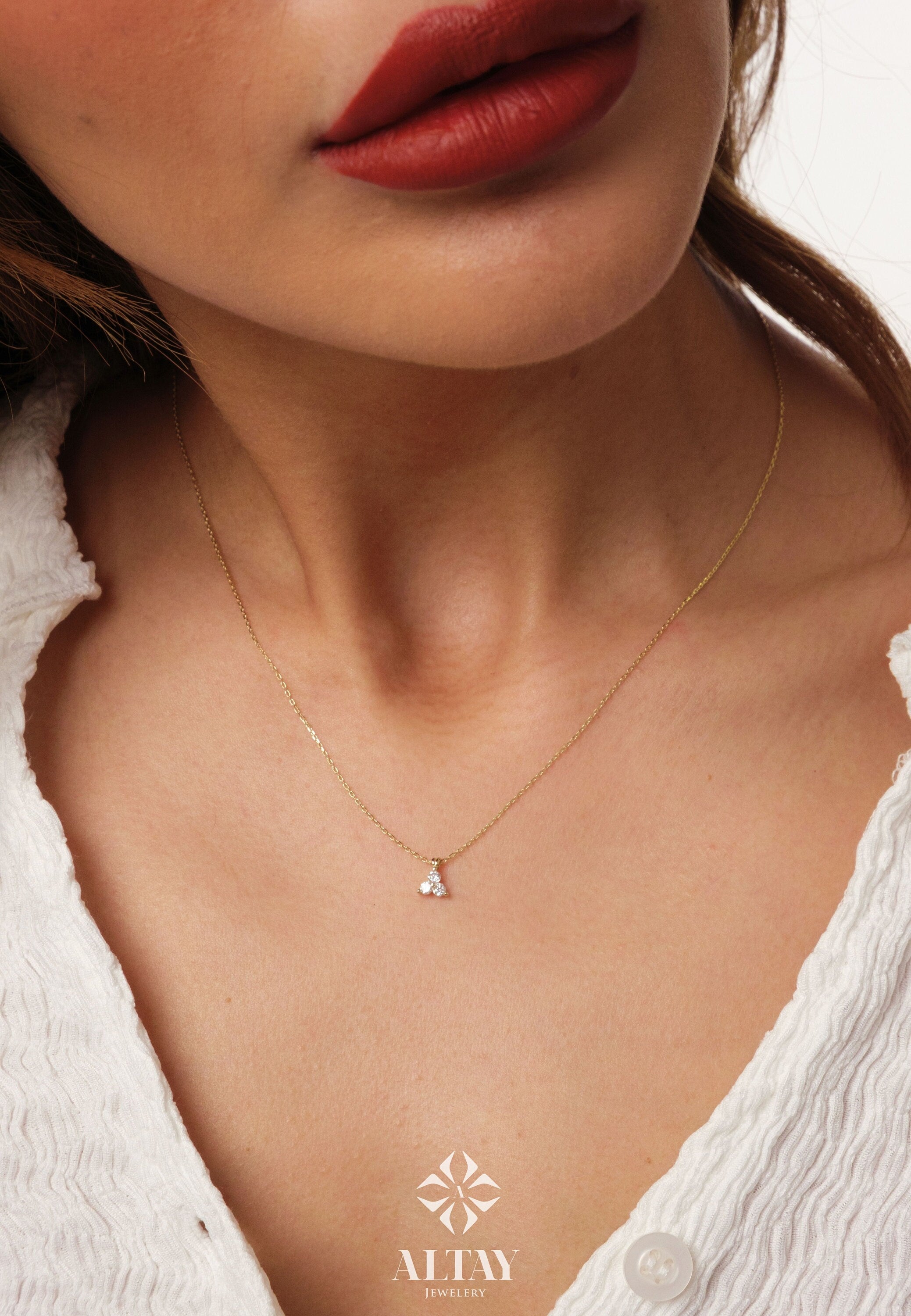 14K Gold Trio Cz Diamond Necklace, 3 Stone Necklace, Prong Set Pendant Necklace, Triangle Necklace, Bridesmaid Necklace, Bridal Gift