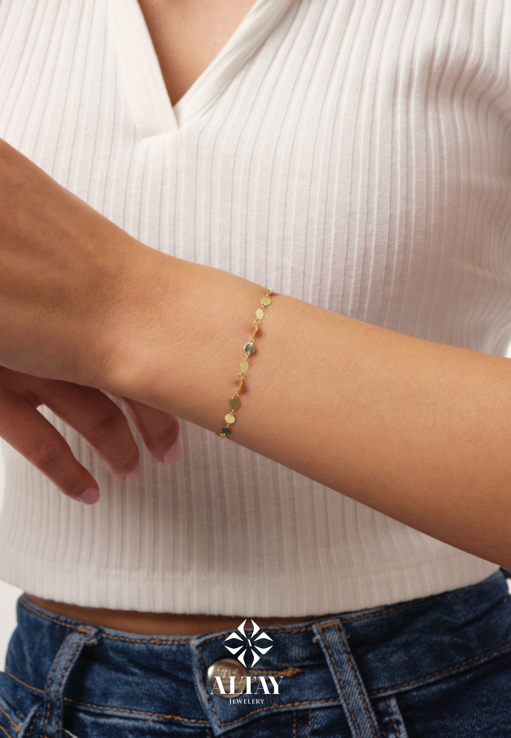 14K Solid Gold Mirror Chain Bracelet, 3mm Sequin Bracelet, Elegant Anklet Unisex Chain, Sparkle Fashion Delicate, Stacking, Gift For Her Him