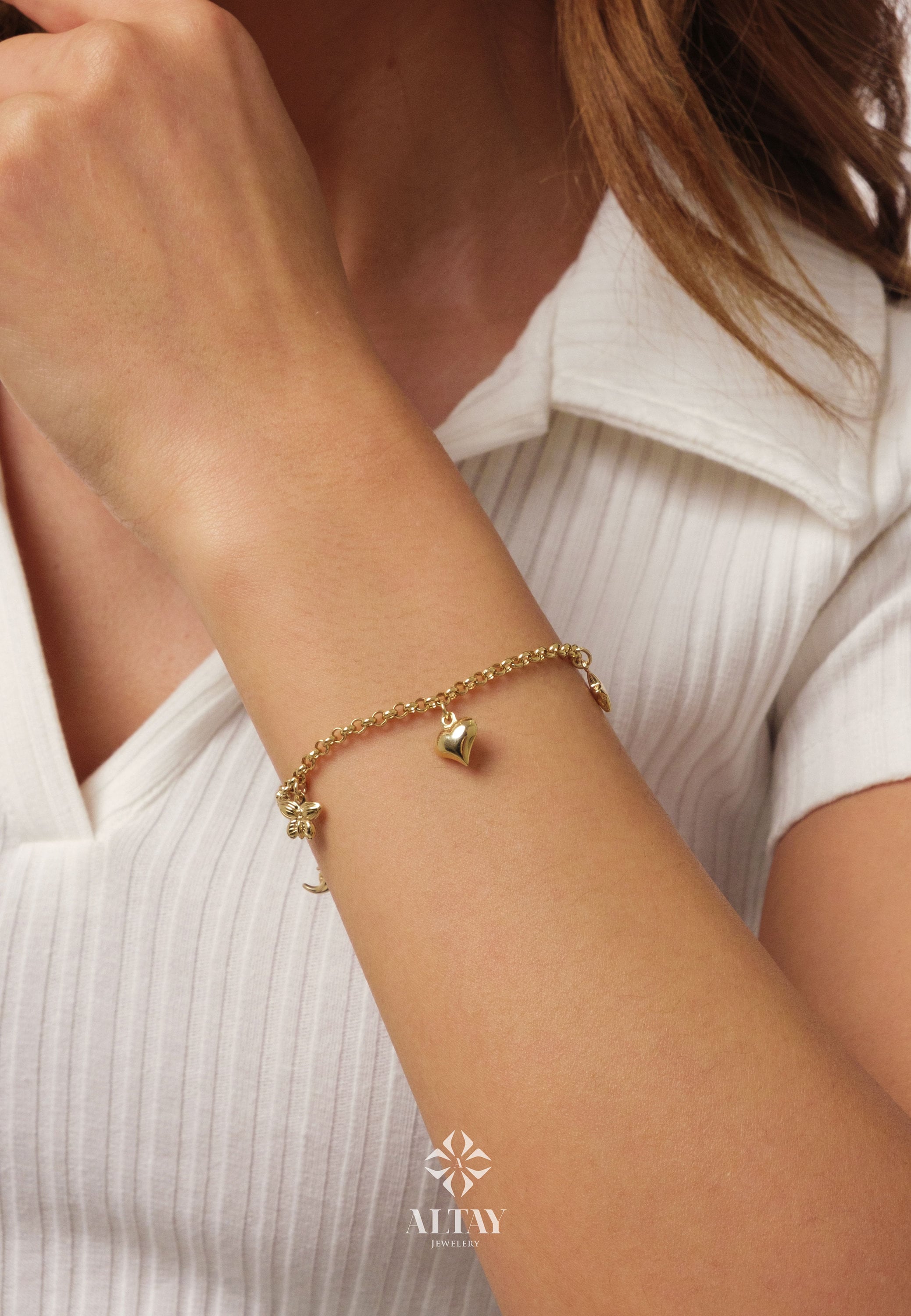 14K Gold 3mm Rolo Chain, Gold Heart Charm Bracelet, Love Bracelet, 3D Bee Moon Heart Clover Charm Jewelry, Link Heart Bracelet, Gift for Her