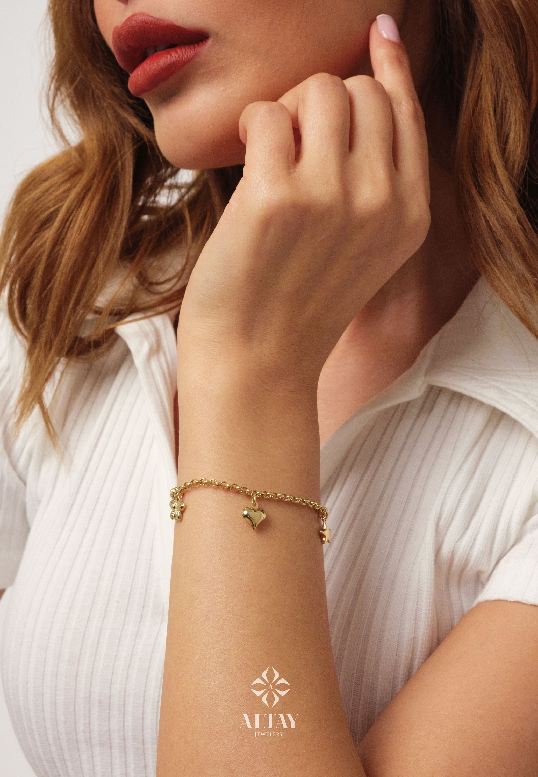 14K Gold 3mm Rolo Chain, Gold Heart Charm Bracelet, Love Bracelet, 3D Bee Moon Heart Clover Charm Jewelry, Link Heart Bracelet, Gift for Her