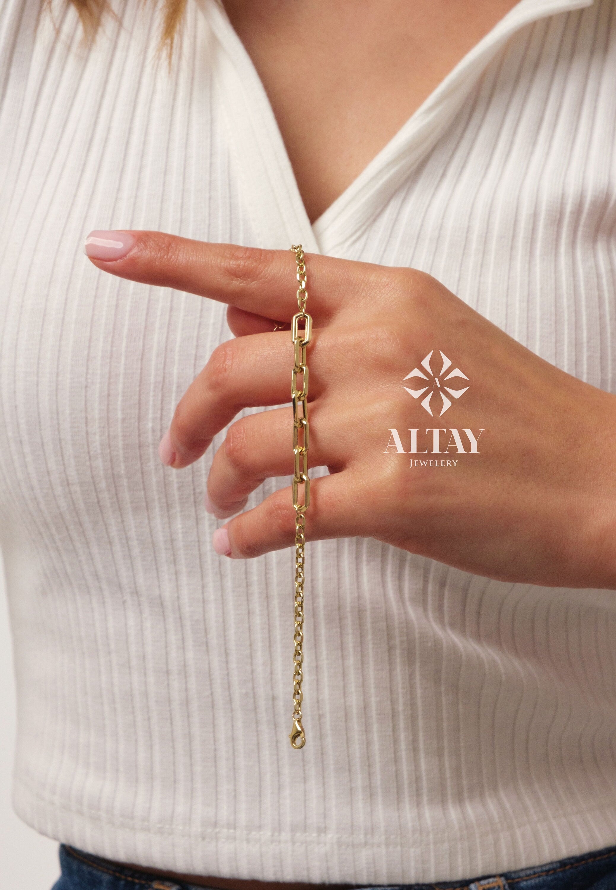 14K Gold Paperclip Rolo Chain Bracelet, Rectangle Paper Clip Chain, Gold Thick Flat Oval Link, Round Rolo Gold Link, Woman Man Gold Bracelet