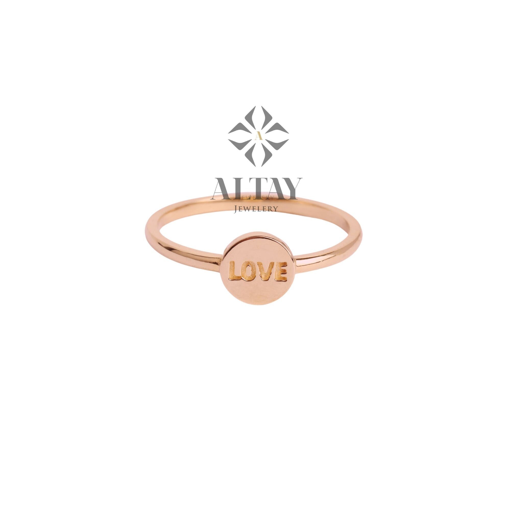 14K Gold Love Ring, Love Word Signet Ring, Stackable Round Love Ring, Dainty Script Love Ring, Love Engraved Ring, Stacking Love Jewelry