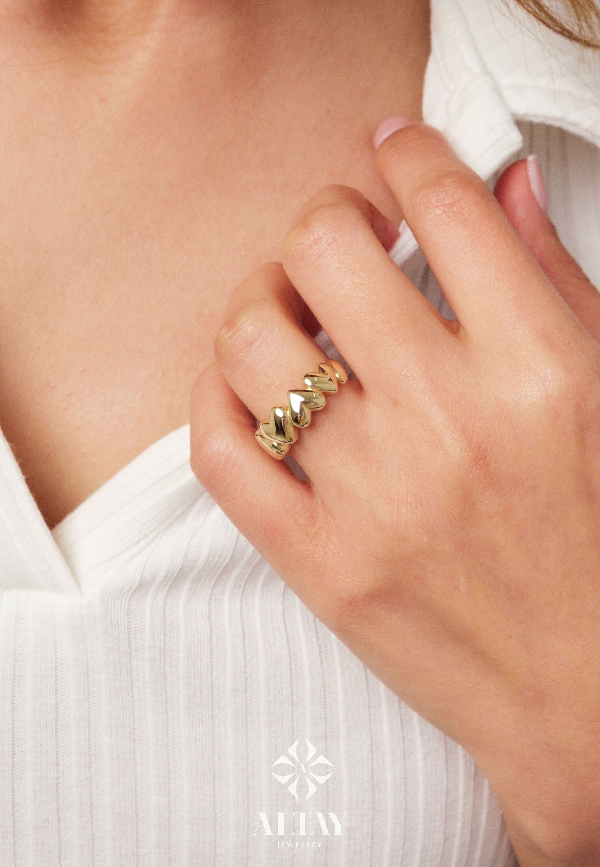 14K Gold Heart Ring, Puffy Heart Love Ring, Multi Heart Band Ring, Small Promise Ring, Dainty Stacking Gold Ring, Wedding Ring, Gift For Her