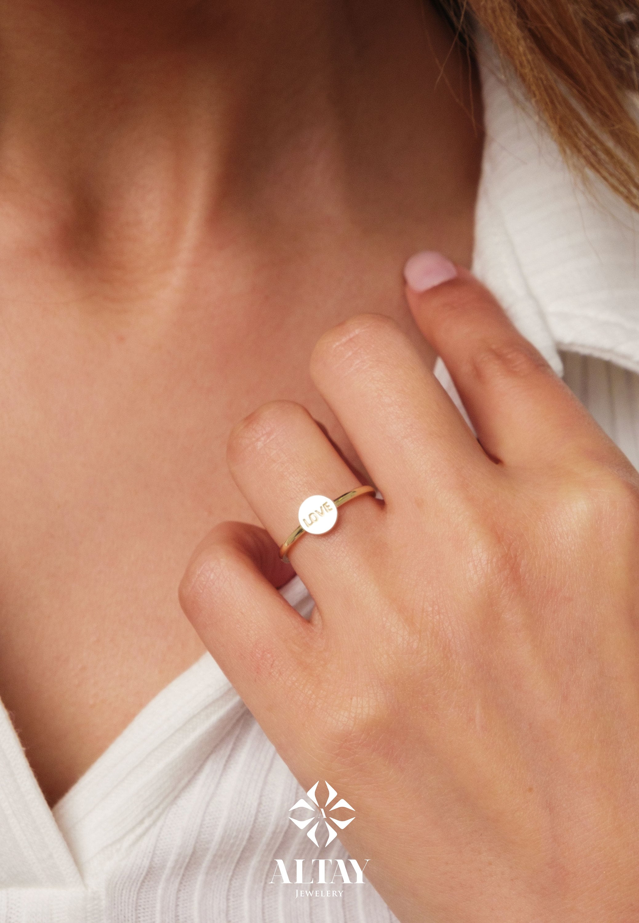 14K Gold Love Ring, Love Word Signet Ring, Stackable Round Love Ring, Dainty Script Love Ring, Love Engraved Ring, Stacking Love Jewelry