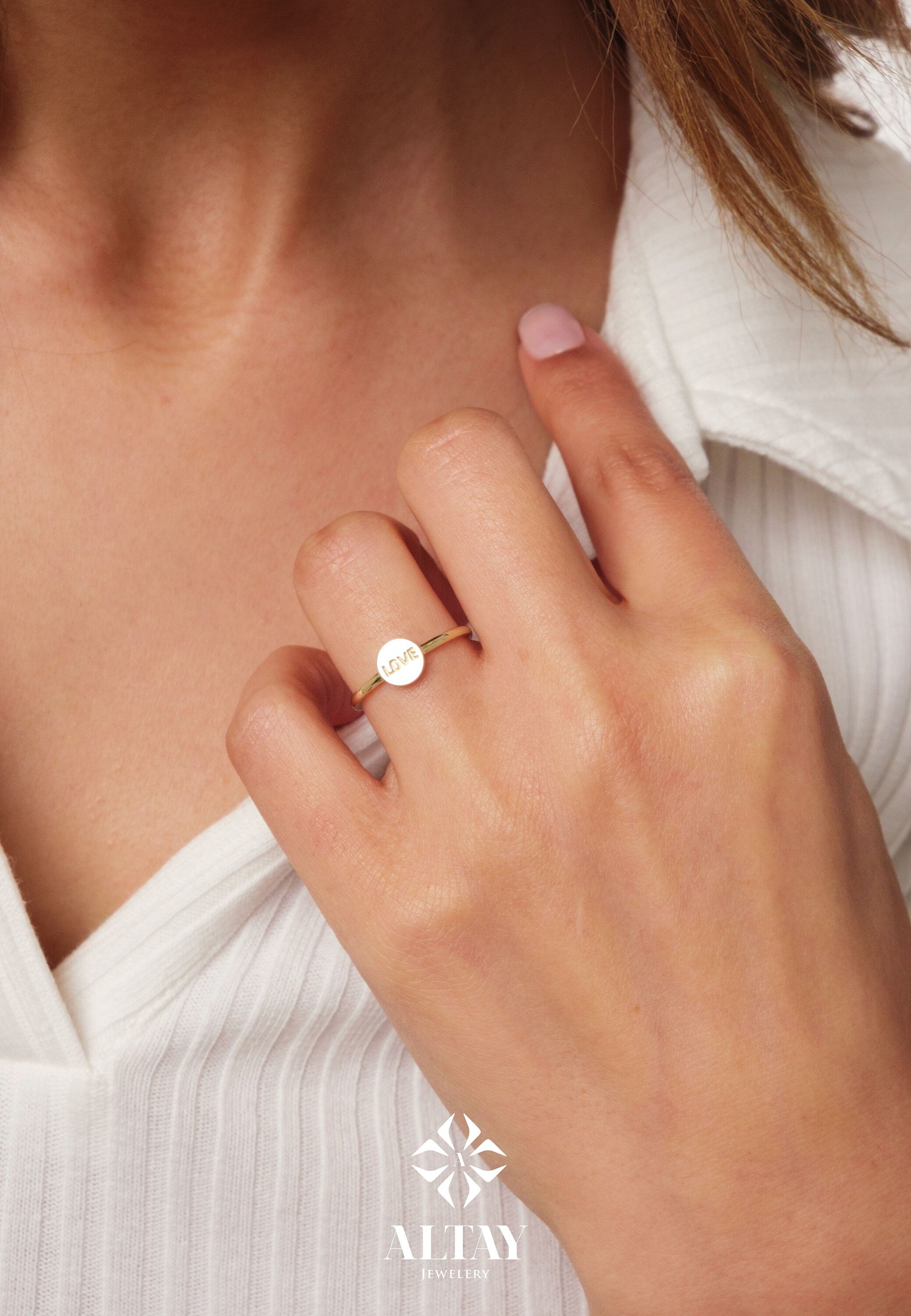 14K Gold Love Ring, Love Word Signet Ring, Stackable Round Love Ring, Dainty Script Love Ring, Love Engraved Ring, Stacking Love Jewelry