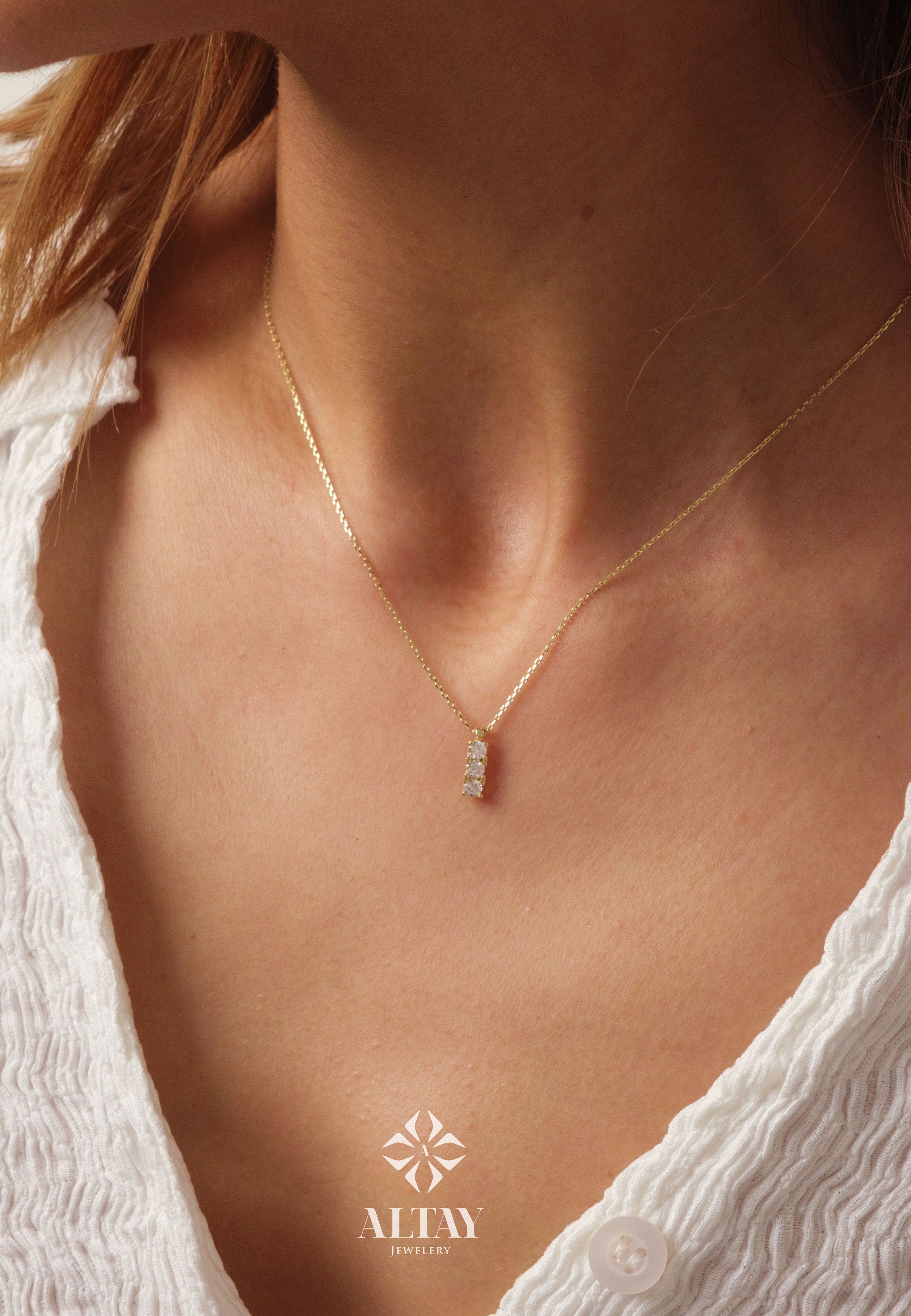 14K Gold Trio Cz Diamond Necklace, 3 Stone Necklace, Prong Set Pendant Necklace, Vertical Necklace, Bridesmaid Necklace, Graduation Gift