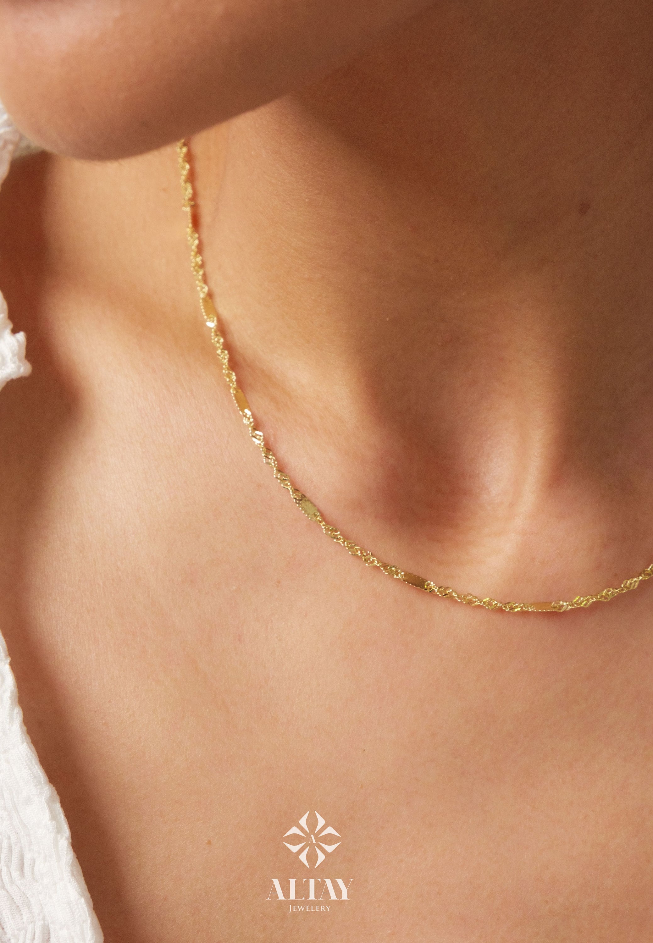14K Gold Singapore Chain Necklace, 2MM Singapore Twist Chain Choker, Singapore Rope Glitter Chain, Sparkle Sequin Layering Necklace