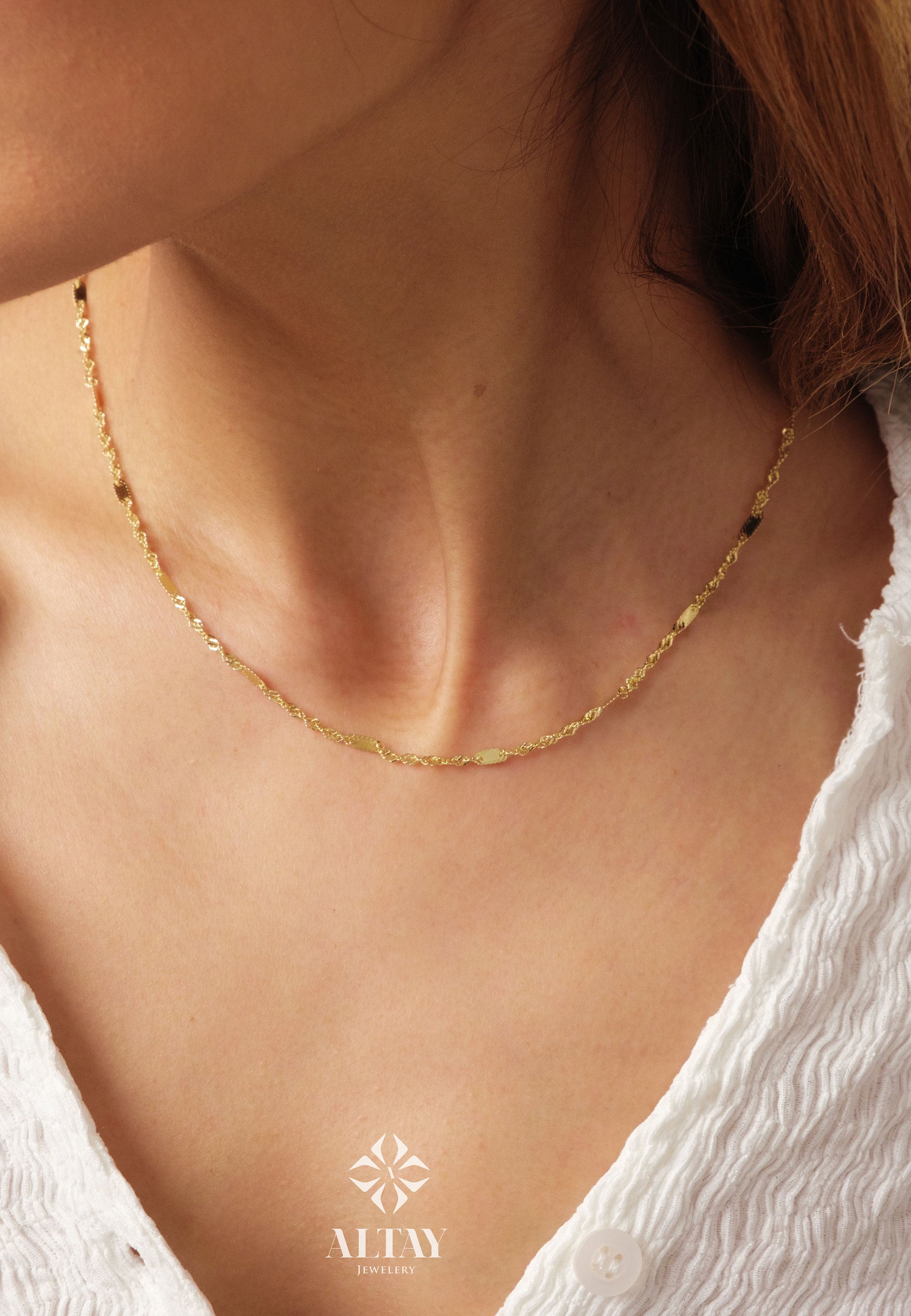 14K Gold Singapore Chain Necklace, 2MM Singapore Twist Chain Choker, Singapore Rope Glitter Chain, Sparkle Sequin Layering Necklace