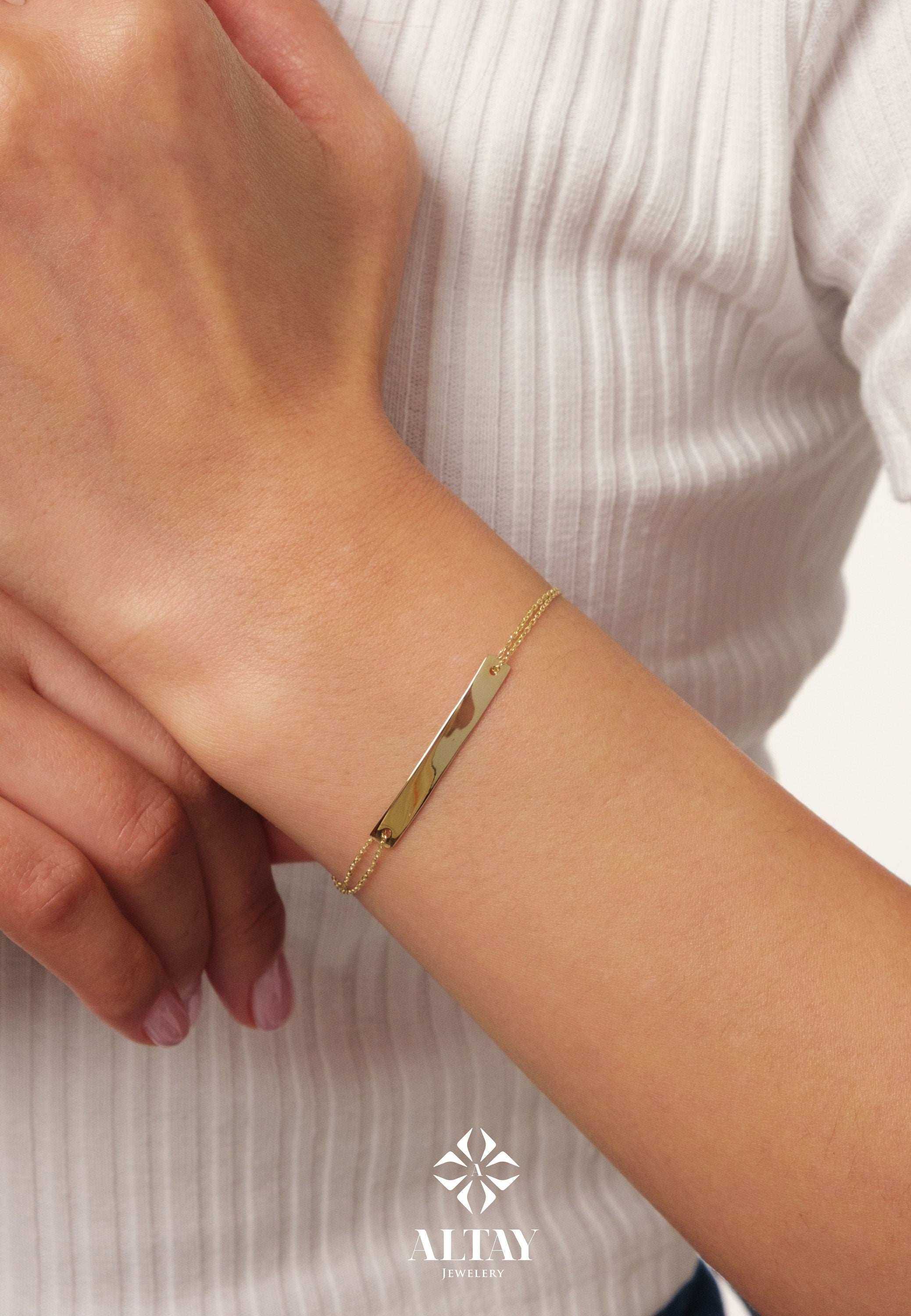 Minimalist 14K Gold Bar Bracelet - Custom Engraved Jewelry Gift for Her