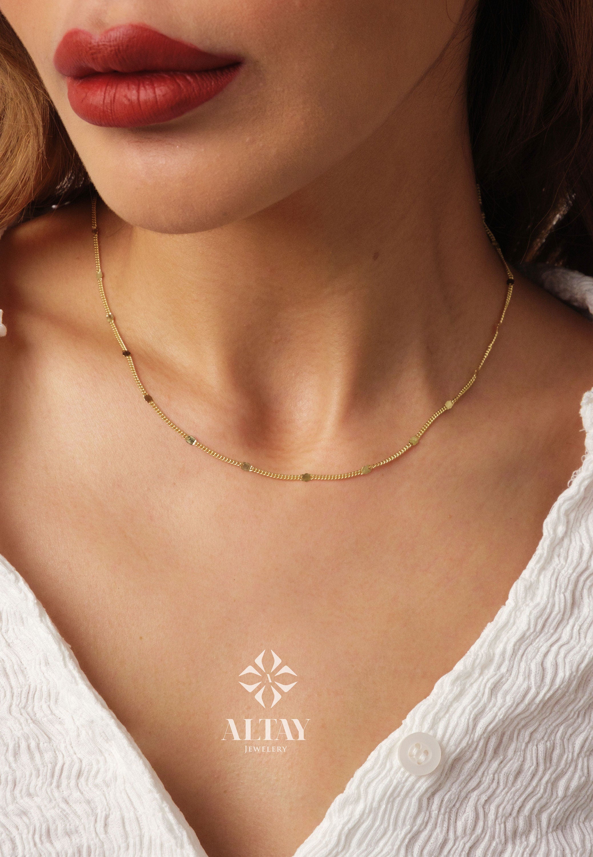 14K Gold Cuban Station Necklace, 2mm Cuban Coin Chain Choker, Sparkle Thin Lace Charms, Delicate Mirror Curb Glitter Necklace, Gift For Her