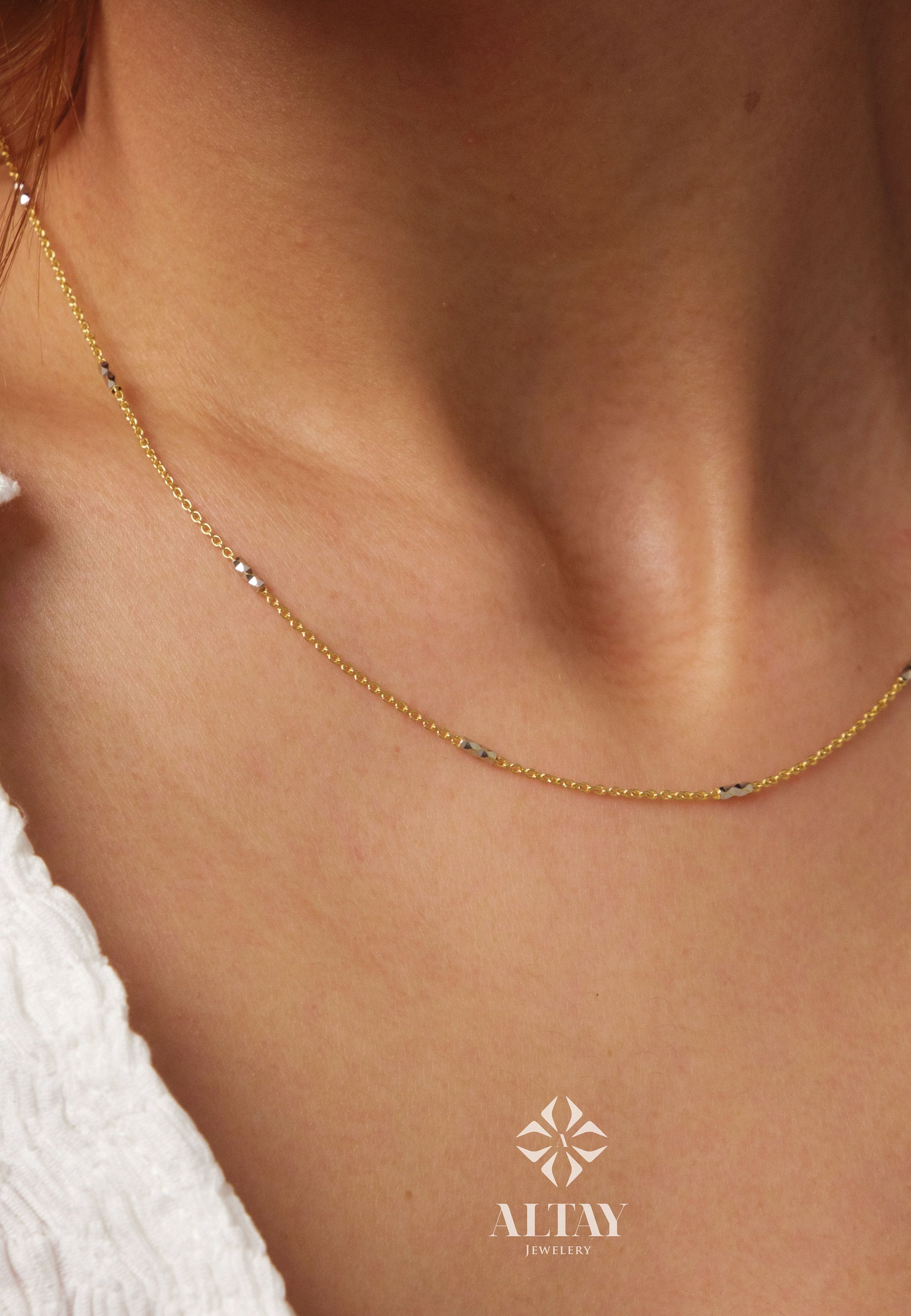 14K Gold Two Tone Chain Necklace, Tube Chain Choker, Cylinder Long Tube Chain, Christening, Chunky Chain Rolo, Two-Tone Necklace