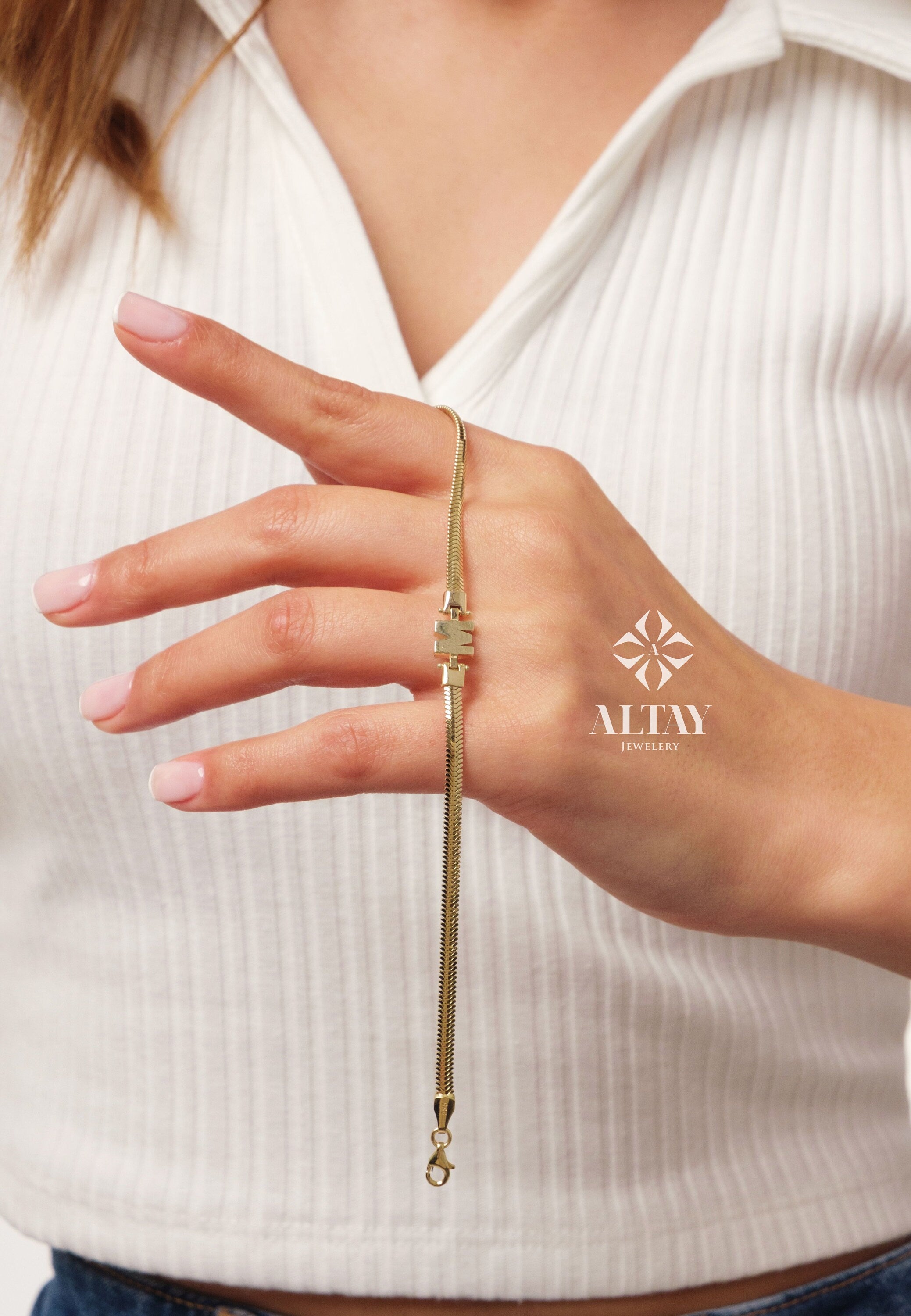 14K Gold Snake Chain Initial Bracelet, 2.5mm Herringbone Bracelet, Name Letter Bracelet, Handmade Snake Bracelet, Layering Gold Bracelet