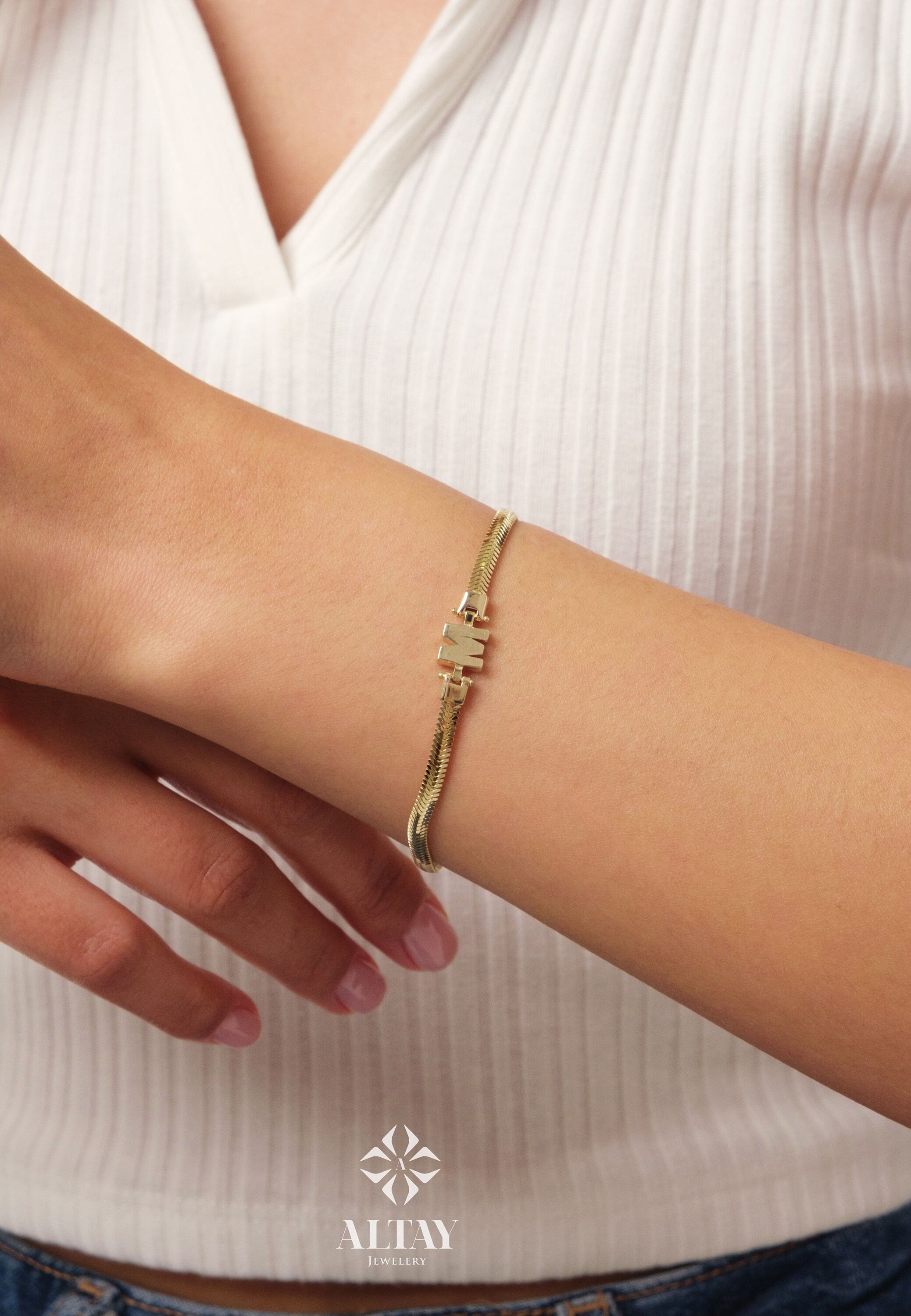 14K Gold Snake Chain Initial Bracelet, 2.5mm Herringbone Bracelet, Name Letter Bracelet, Handmade Snake Bracelet, Layering Gold Bracelet