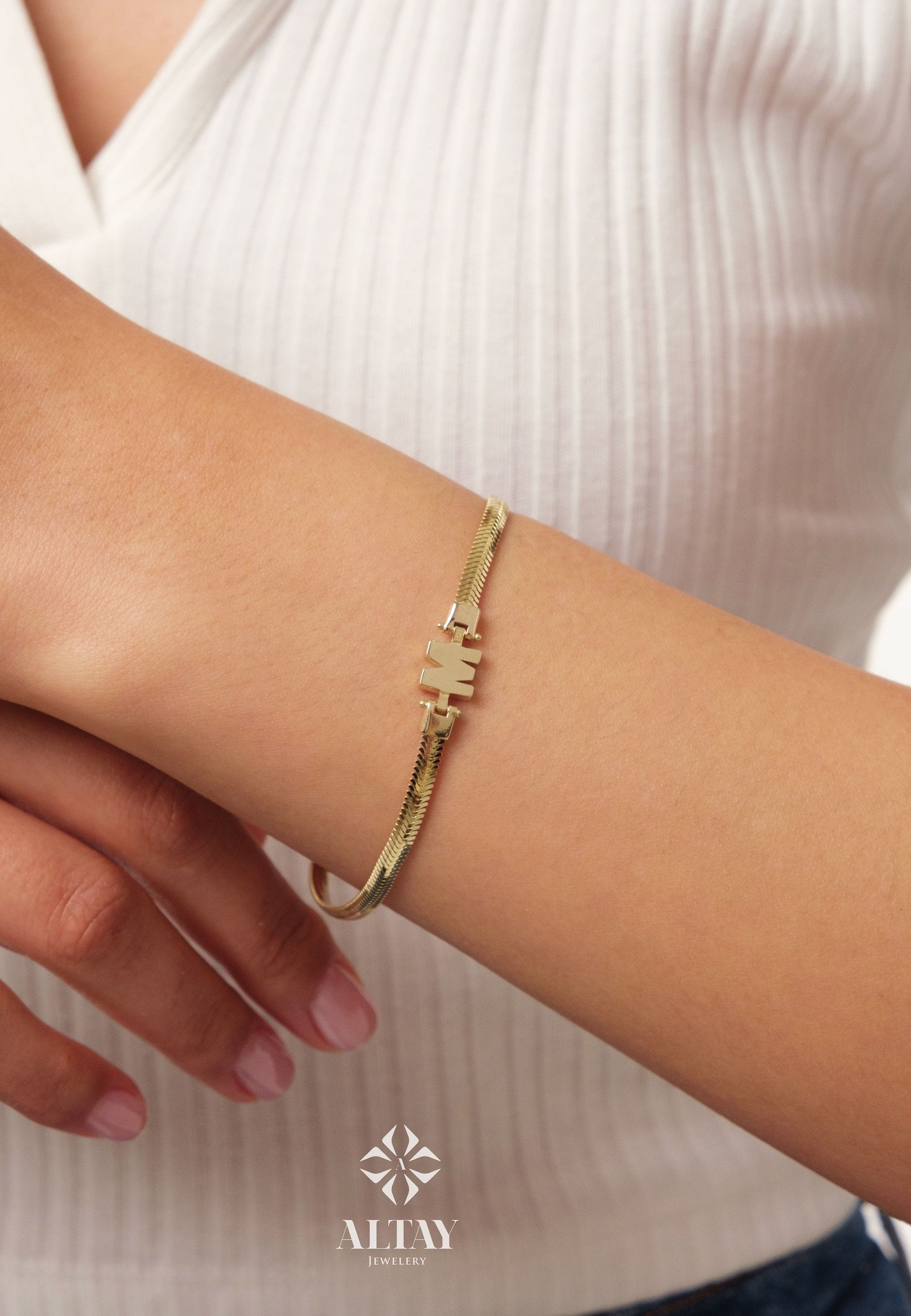 14K Gold Snake Chain Initial Bracelet, 2.5mm Herringbone Bracelet, Name Letter Bracelet, Handmade Snake Bracelet, Layering Gold Bracelet