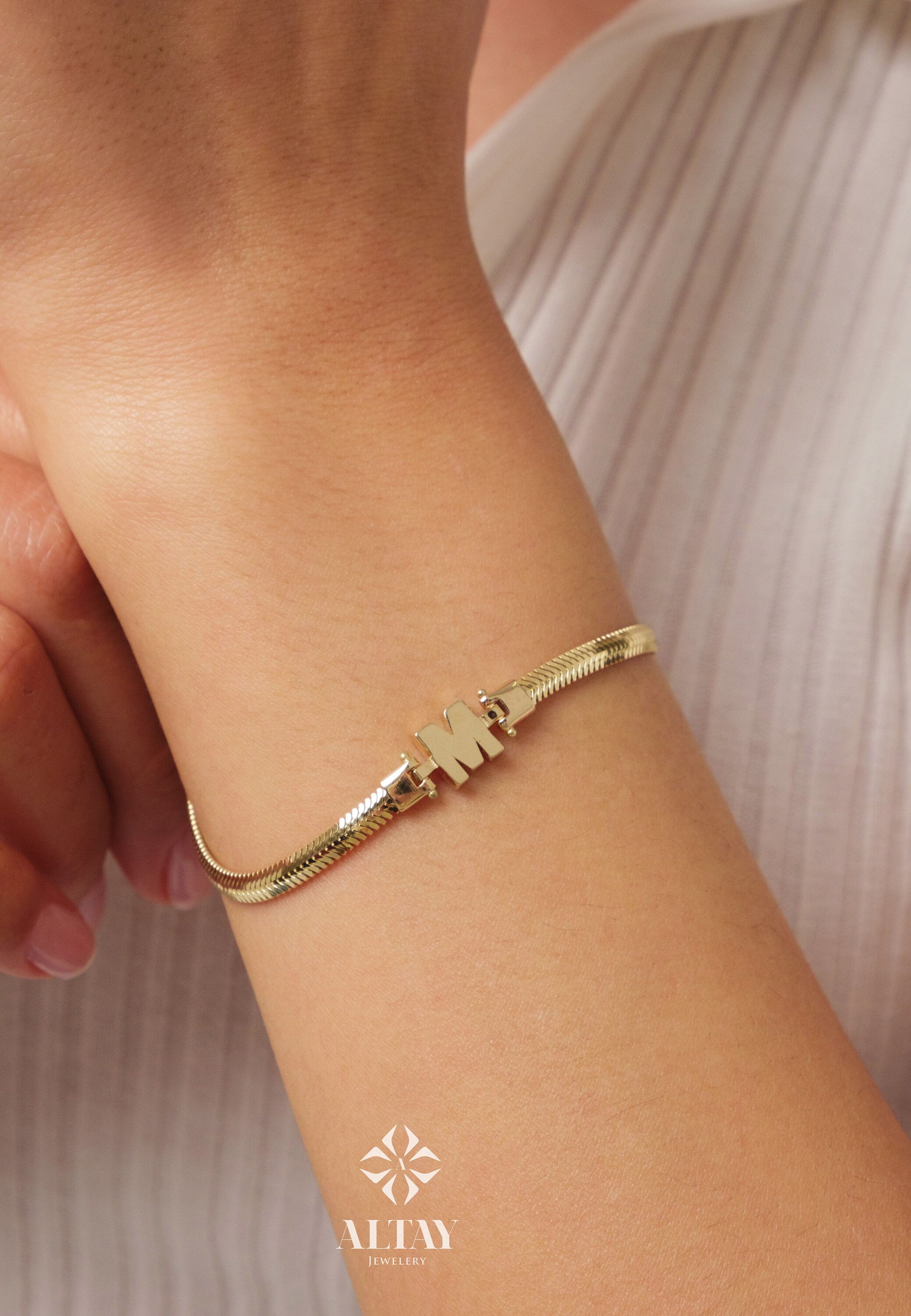 14K Gold Snake Chain Initial Bracelet, 2.5mm Herringbone Bracelet, Name Letter Bracelet, Handmade Snake Bracelet, Layering Gold Bracelet