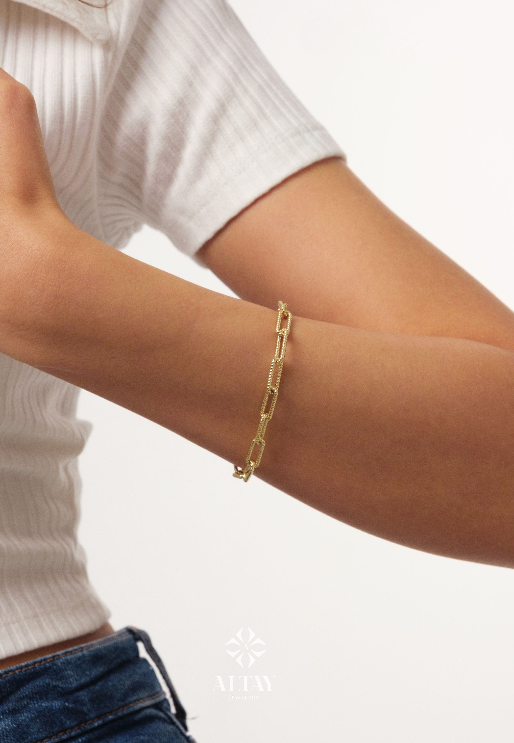 14K Gold Paperclip Chain Bracelet, 4.5mm Rectangle Long Chain, Rope Chain Link Bracelet, Stacking Bracelets, Twisted Chain, Gift For Her