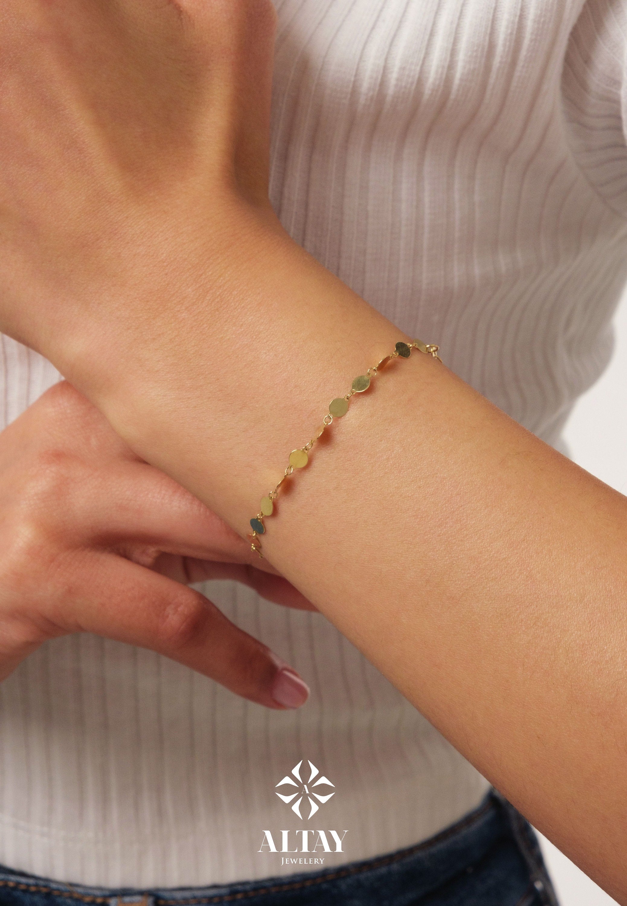 14K Solid Gold Mirror Chain Bracelet, 3mm Sequin Bracelet, Elegant Anklet Unisex Chain, Sparkle Fashion Delicate, Stacking, Gift For Her Him