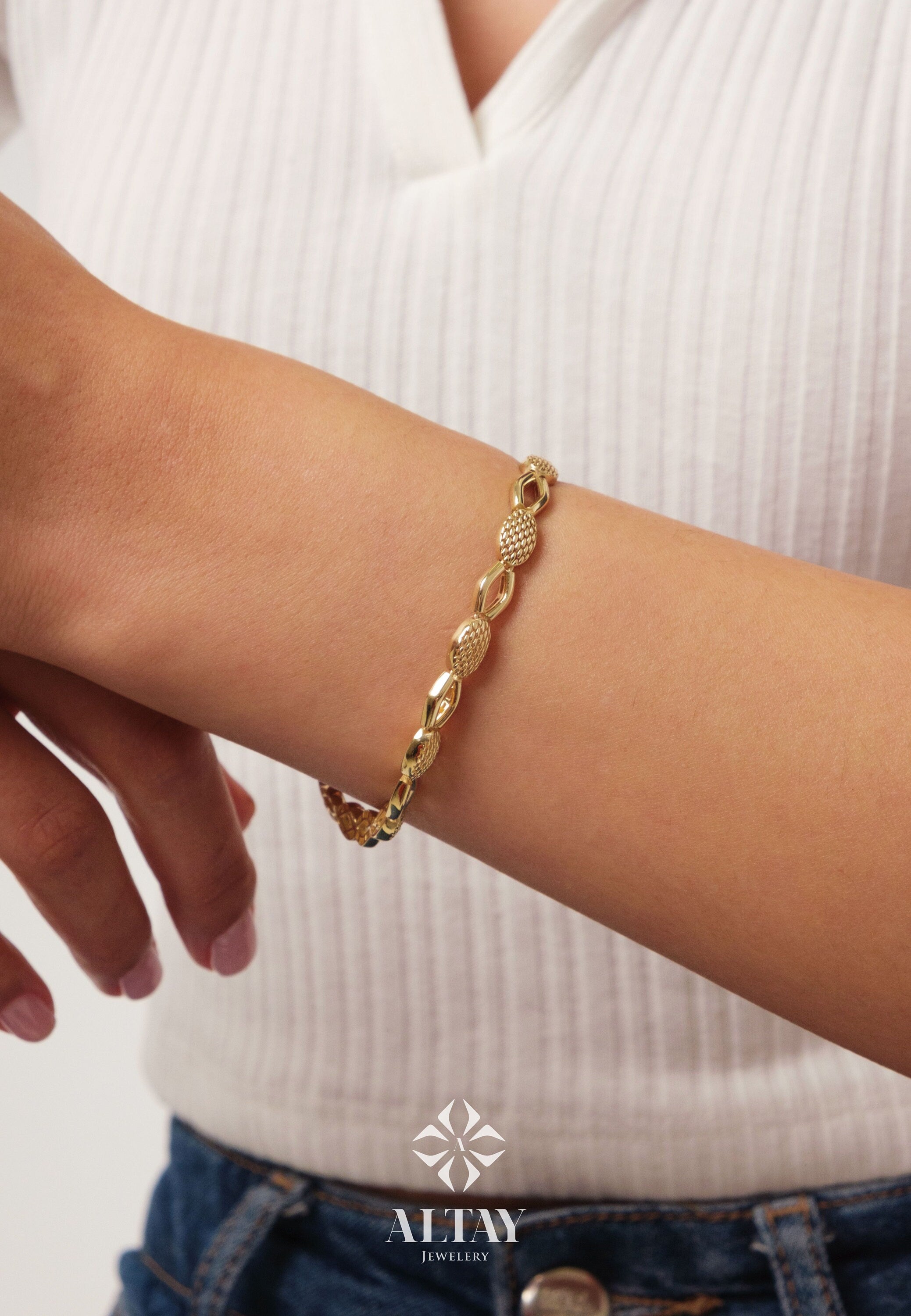 14K Gold Oval Rectangle Paperclip Chain, Snake Pattern Rolo Chain Bracelet, Gold Thick Oval Link, Unique Gold Link, Women Men Gold Bracelet