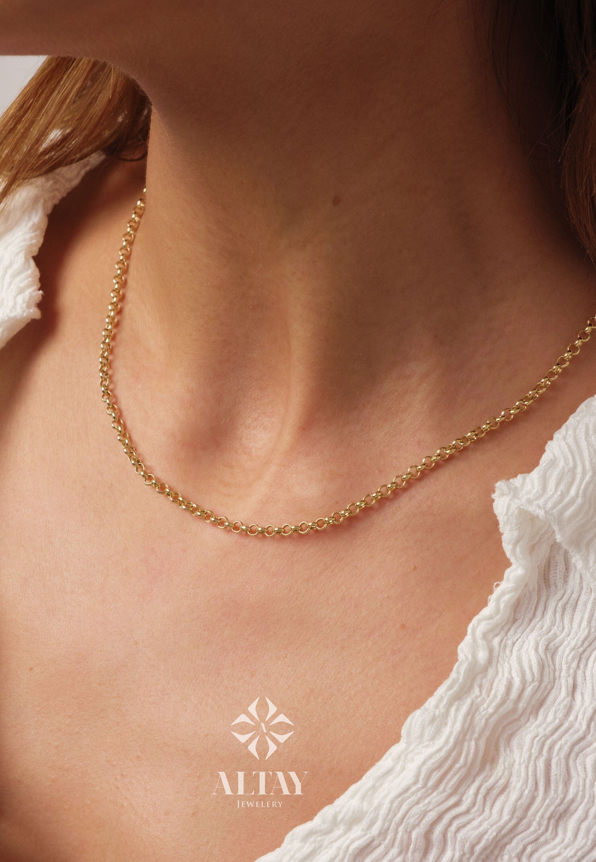 14K Gold Rolo Chain Necklace, 3mm Gold Link Belcher Chain Choker, Round Link Charm Necklace, Minimal Delicate Round Necklace, Woman, Men
