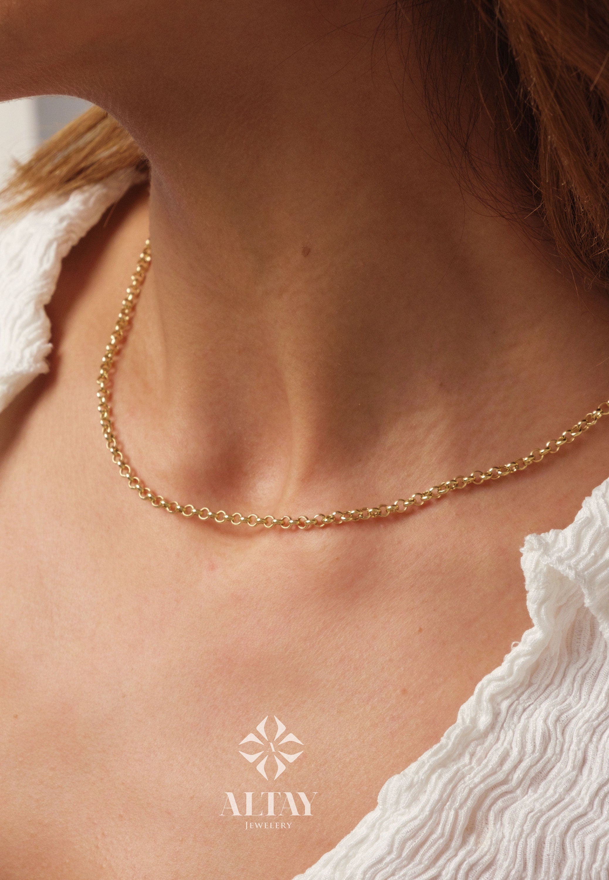 14K Gold Rolo Chain Necklace, 3mm Gold Link Belcher Chain Choker, Round Link Charm Necklace, Minimal Delicate Round Necklace, Woman, Men