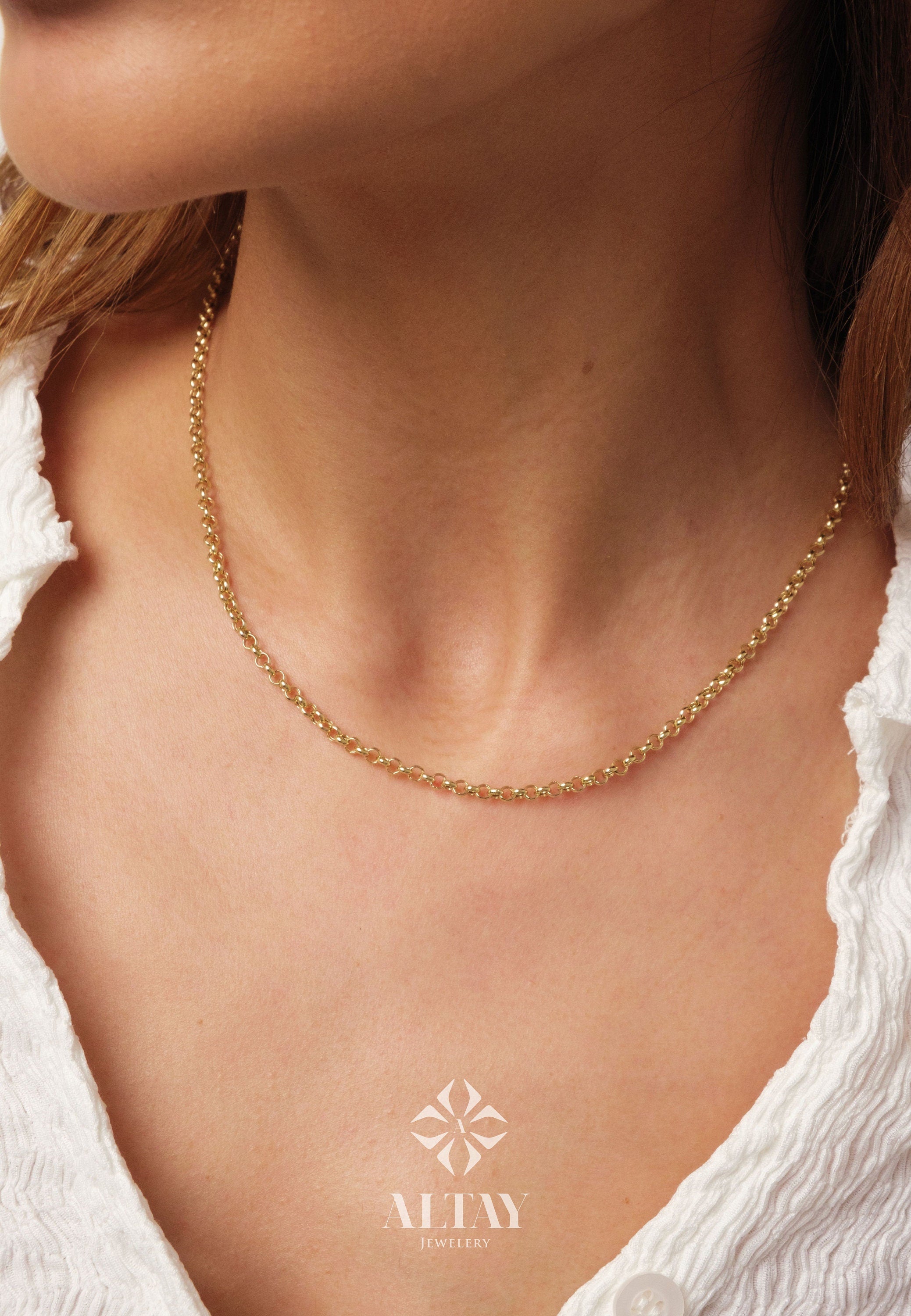 14K Gold Rolo Chain Necklace, 3mm Gold Link Belcher Chain Choker, Round Link Charm Necklace, Minimal Delicate Round Necklace, Woman, Men