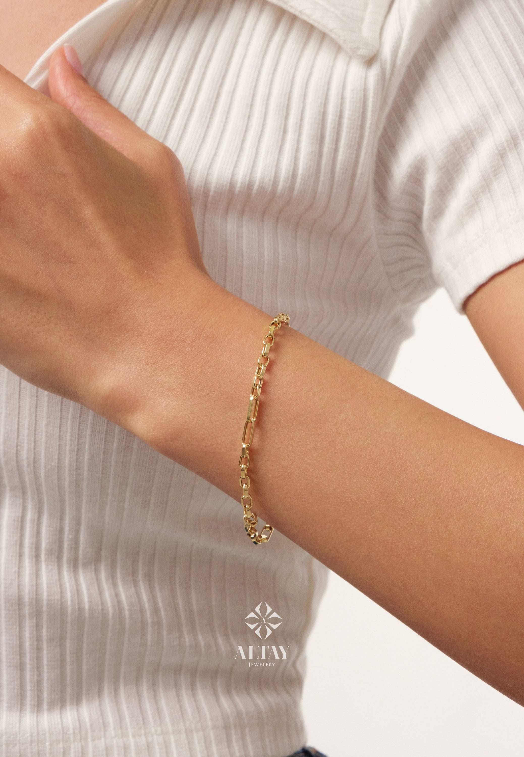 14K Gold Paperclip Chain Bracelet, 3mm Rectangle Paper Clip Chain, Thick Square Box Link, Square Rolo Gold Link, Woman Man Gold Bracelet