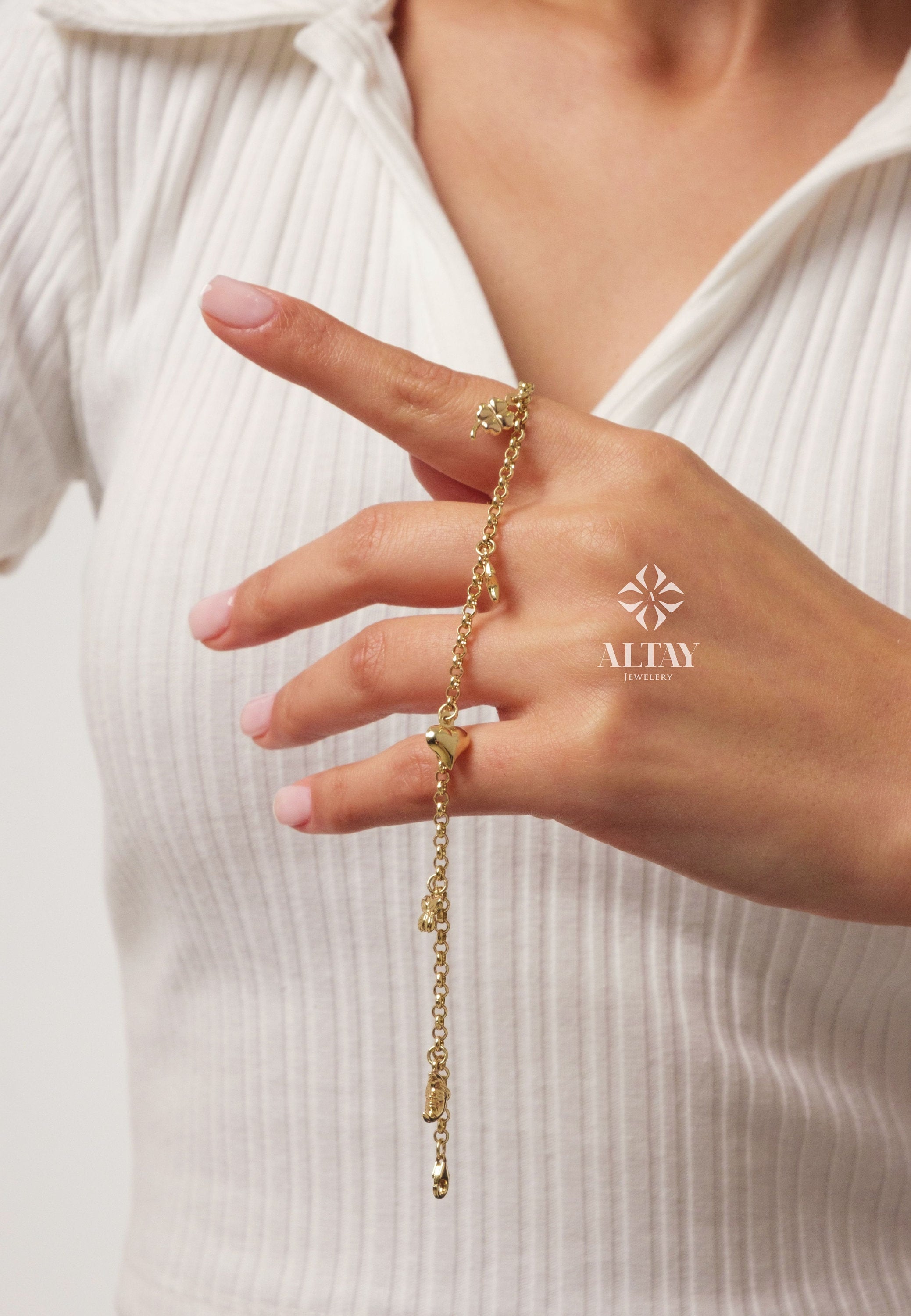 14K Gold 3mm Rolo Chain, Gold Heart Charm Bracelet, Love Bracelet, 3D Bee Moon Heart Clover Charm Jewelry, Link Heart Bracelet, Gift for Her