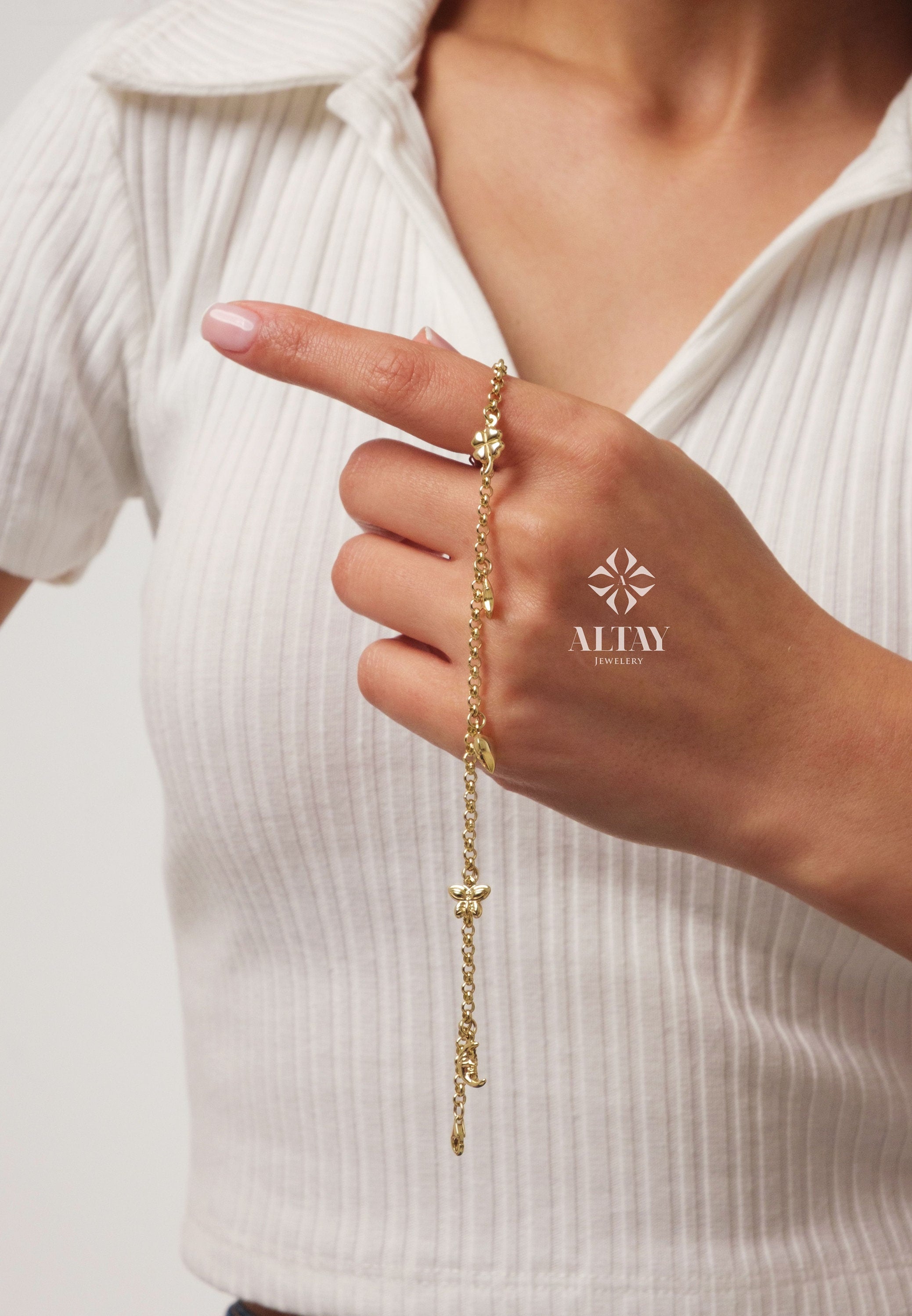 14K Gold 3mm Rolo Chain, Gold Heart Charm Bracelet, Love Bracelet, 3D Bee Moon Heart Clover Charm Jewelry, Link Heart Bracelet, Gift for Her