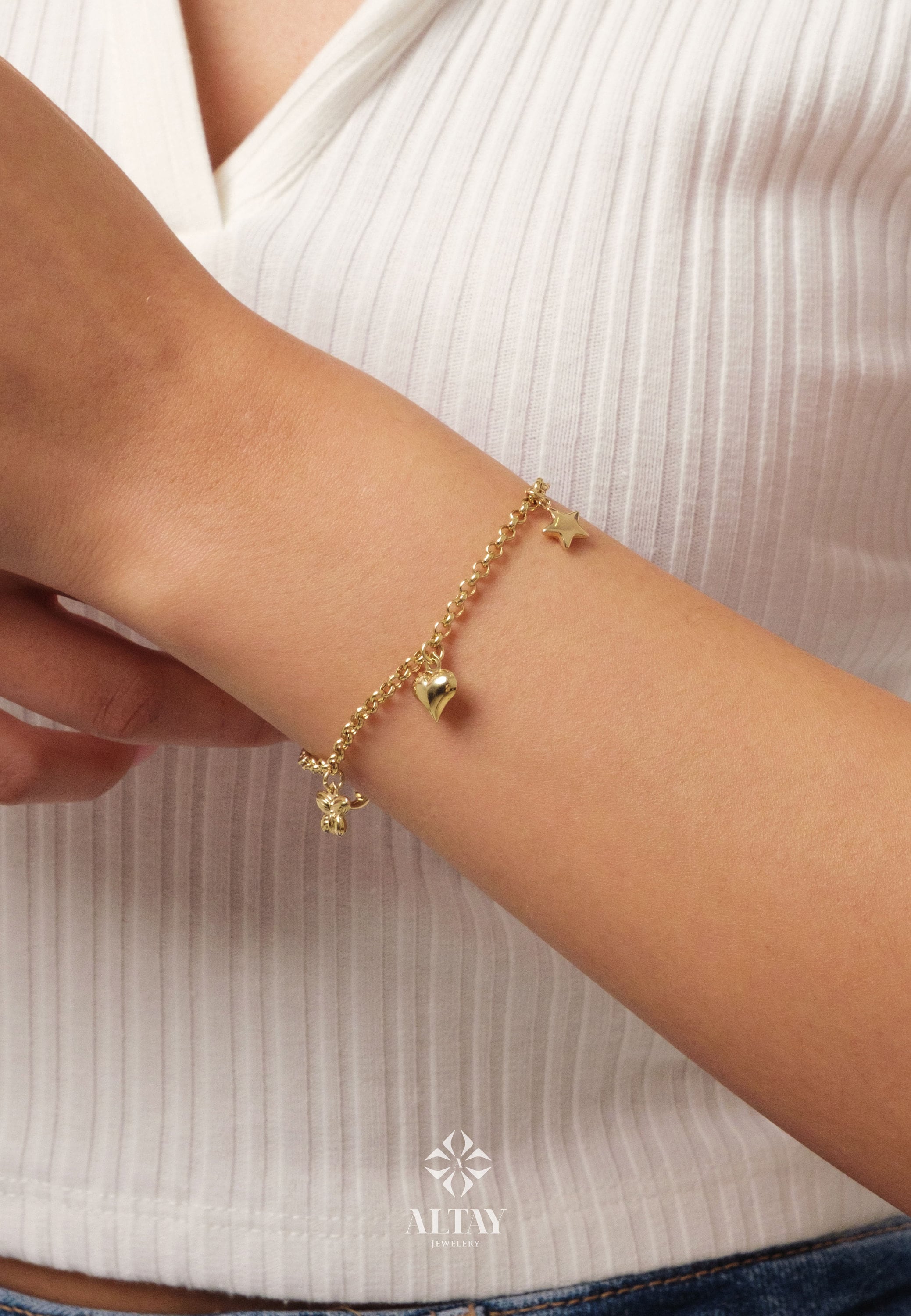 14K Gold 3mm Rolo Chain, Gold Heart Charm Bracelet, Love Bracelet, 3D Bee Moon Heart Clover Charm Jewelry, Link Heart Bracelet, Gift for Her