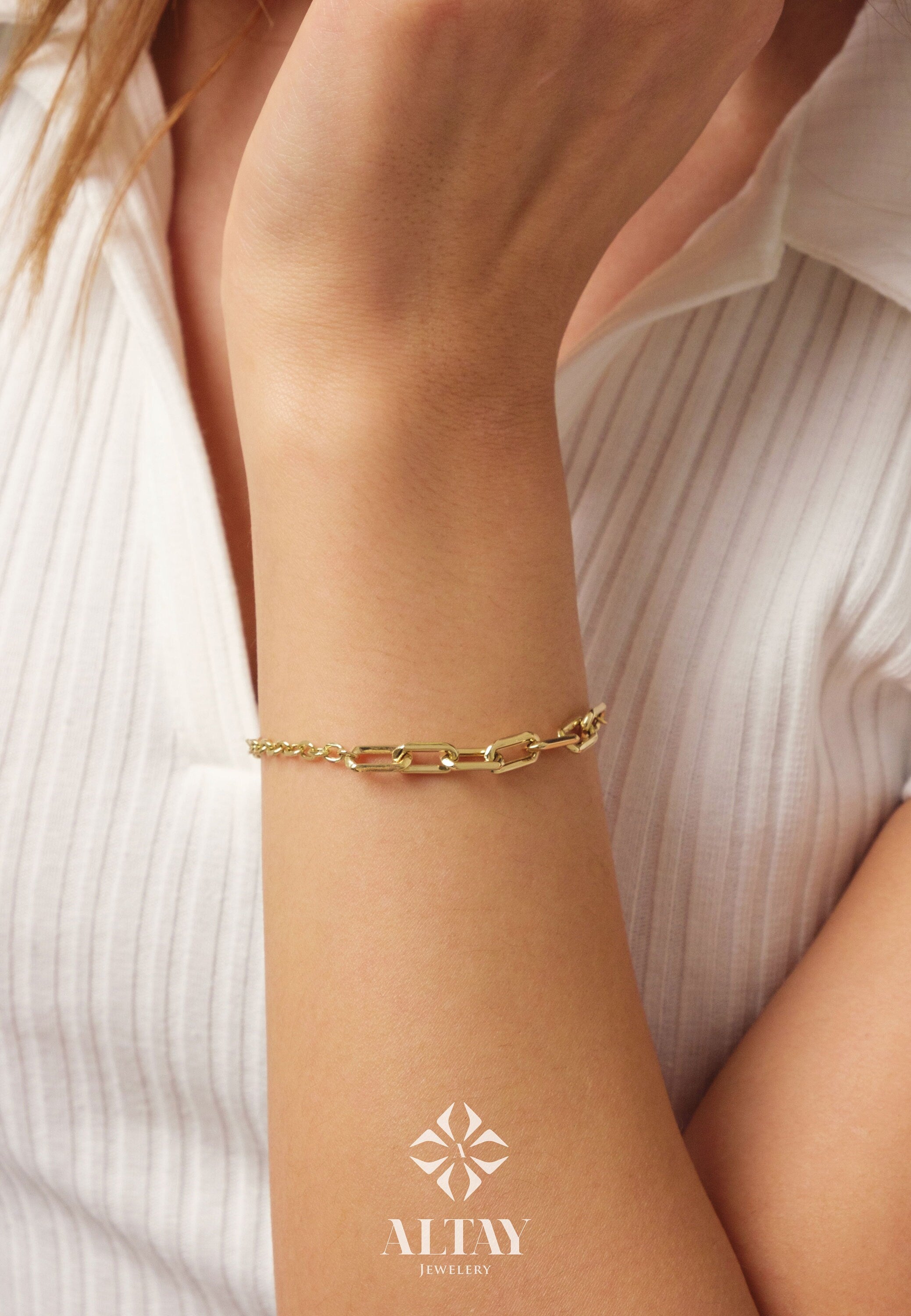 14K Gold Paperclip Rolo Chain Bracelet, Rectangle Paper Clip Chain, Gold Thick Flat Oval Link, Round Rolo Gold Link, Woman Man Gold Bracelet