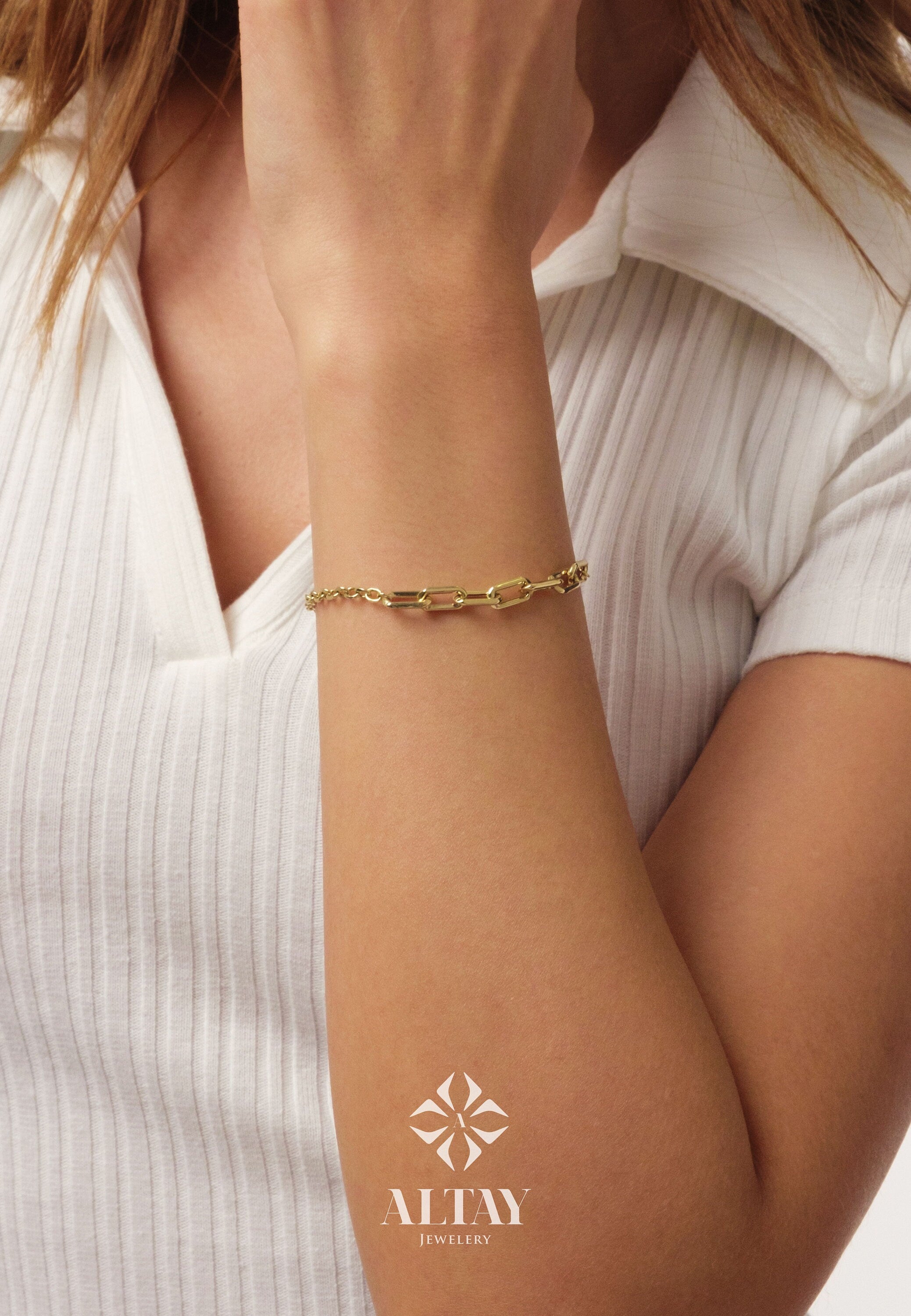 14K Gold Paperclip Rolo Chain Bracelet, Rectangle Paper Clip Chain, Gold Thick Flat Oval Link, Round Rolo Gold Link, Woman Man Gold Bracelet