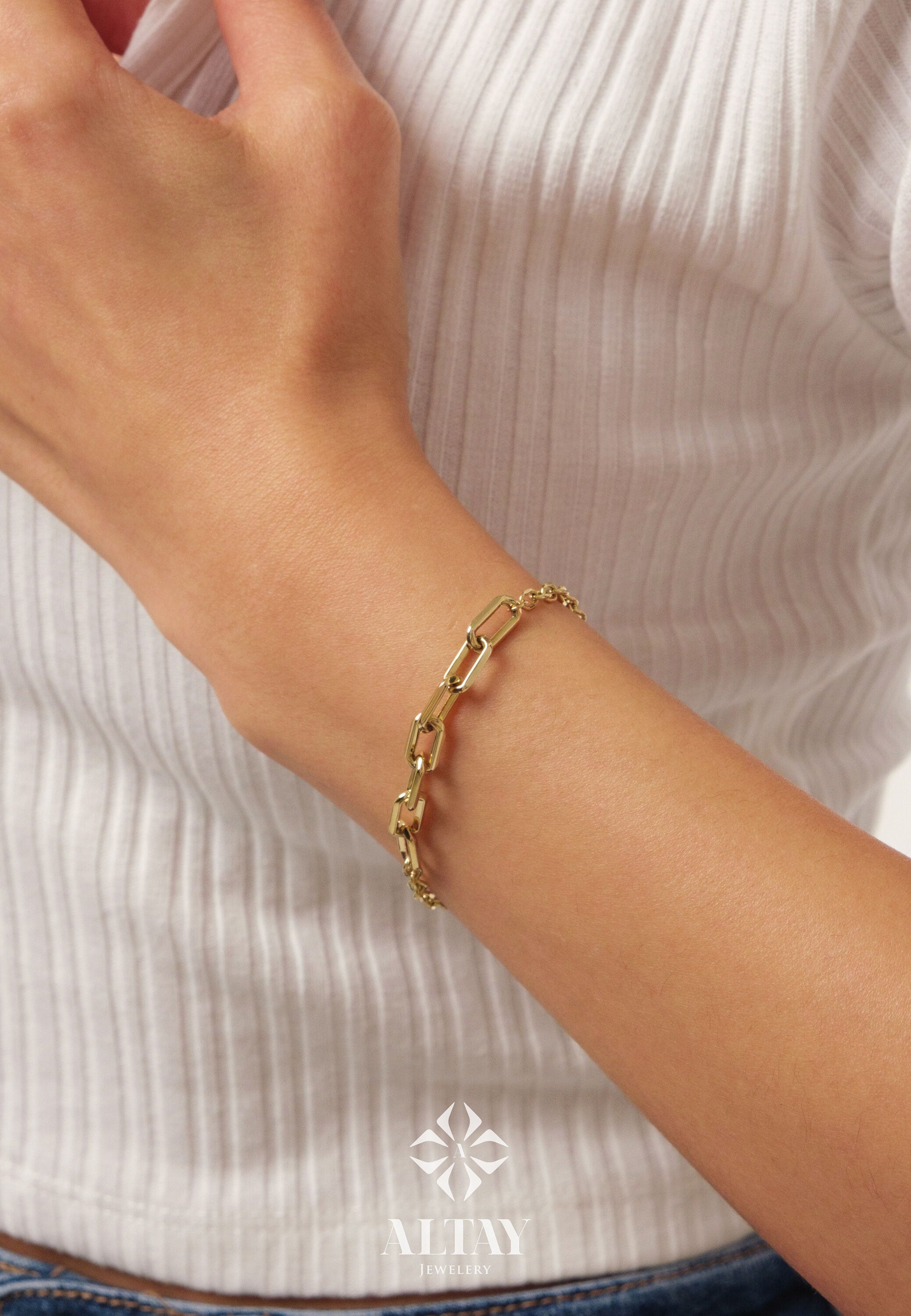 14K Gold Paperclip Rolo Chain Bracelet, Rectangle Paper Clip Chain, Gold Thick Flat Oval Link, Round Rolo Gold Link, Women Men Gold Bracelet