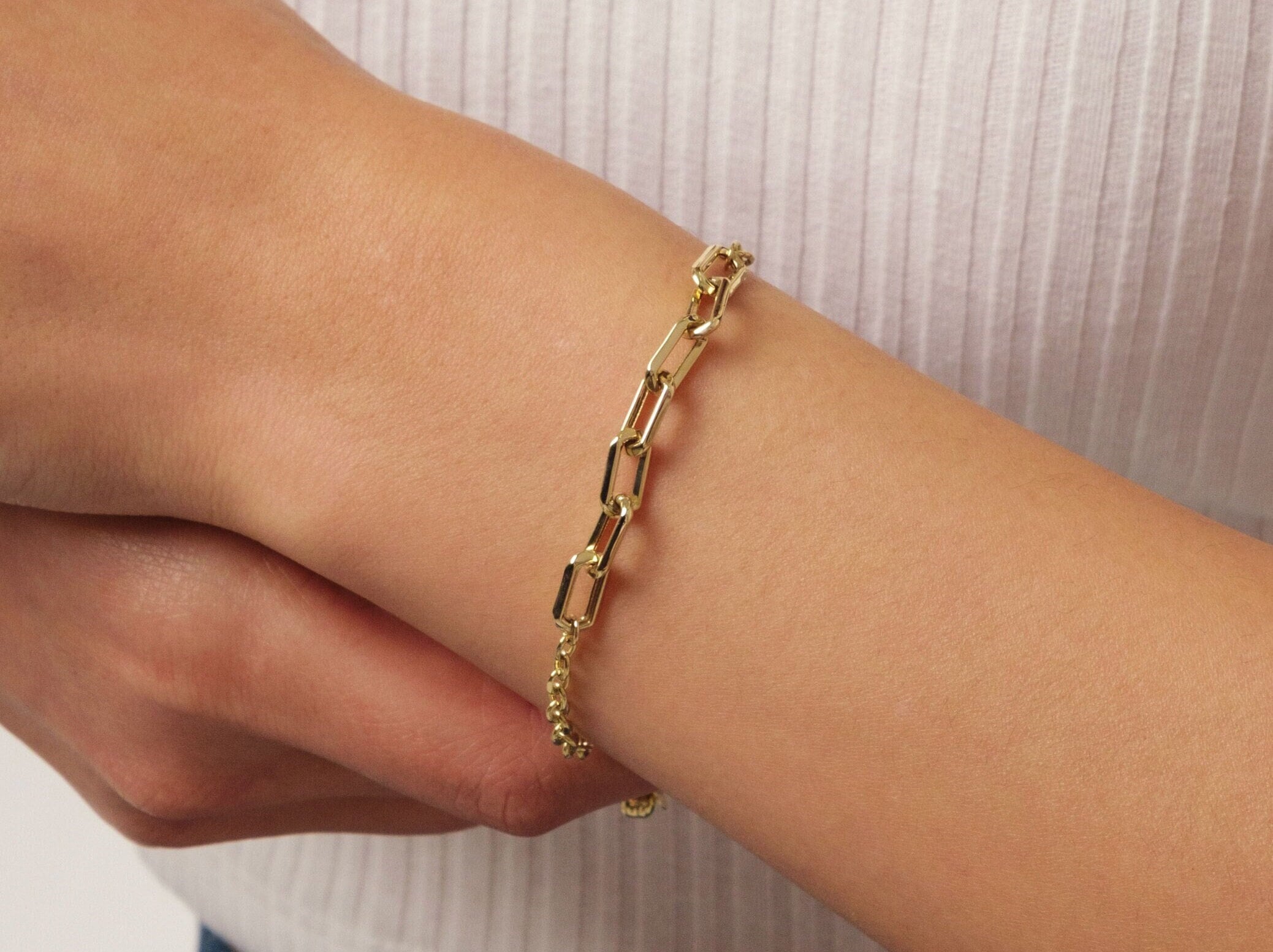 14K Gold Paperclip Rolo Chain Bracelet, Rectangle Paper Clip Chain, Gold Thick Flat Oval Link, Round Rolo Gold Link, Women Men Gold Bracelet