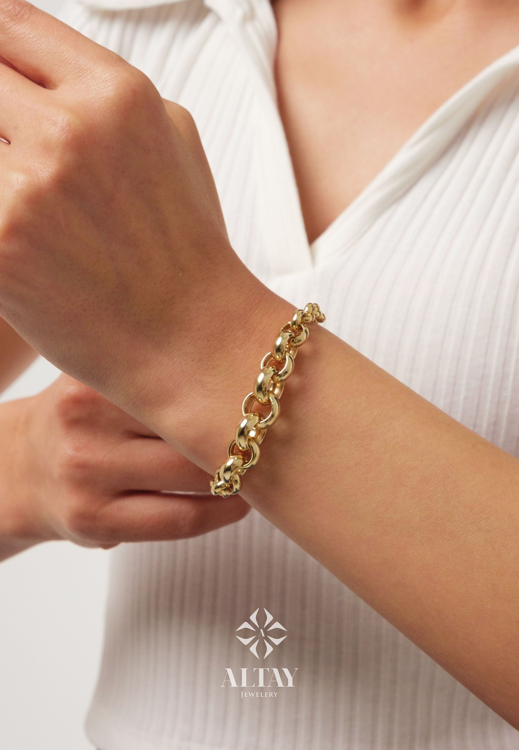 14K Gold Rolo Chain Bracelet, 10mm Round Paperclip Chain, Gold Thick Shiny Round Link, Rolo Charm Link , Women Man Gold Stacking Bracelet