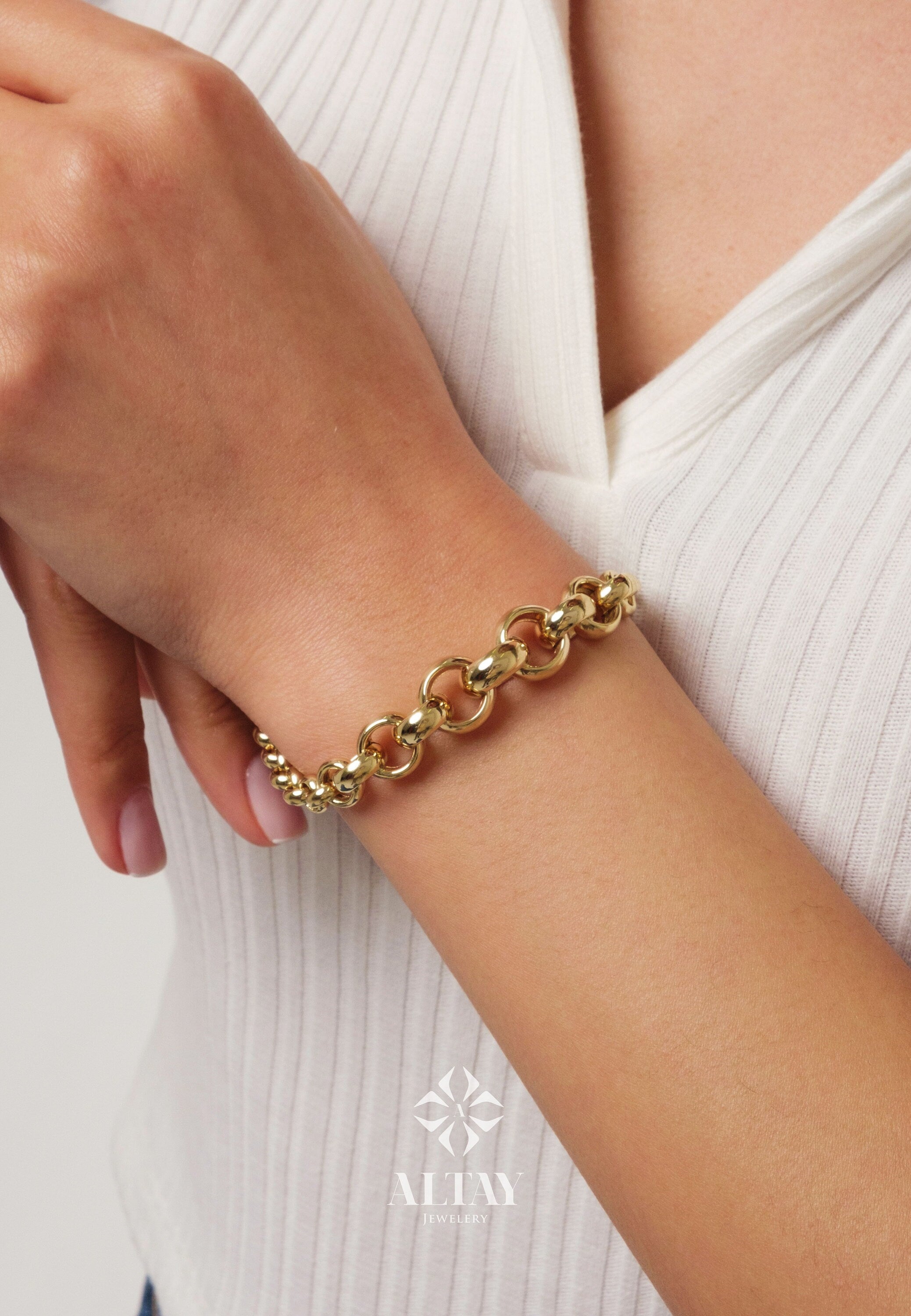 14K Gold Rolo Chain Bracelet, 10mm Round Paperclip Chain, Gold Thick Shiny Round Link, Rolo Gold Link, Woman Man Gold Stacking Bracelet