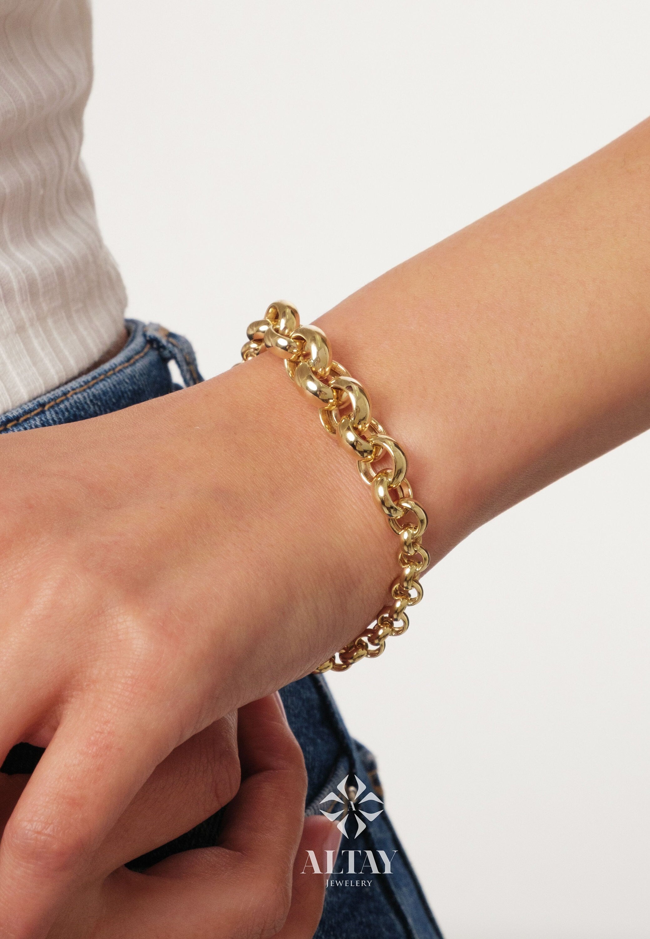14K Gold Rolo Chain Bracelet, 10mm Round Paperclip Chain, Gold Thick Shiny Round Link, Rolo Gold Link, Woman Man Gold Stacking Bracelet