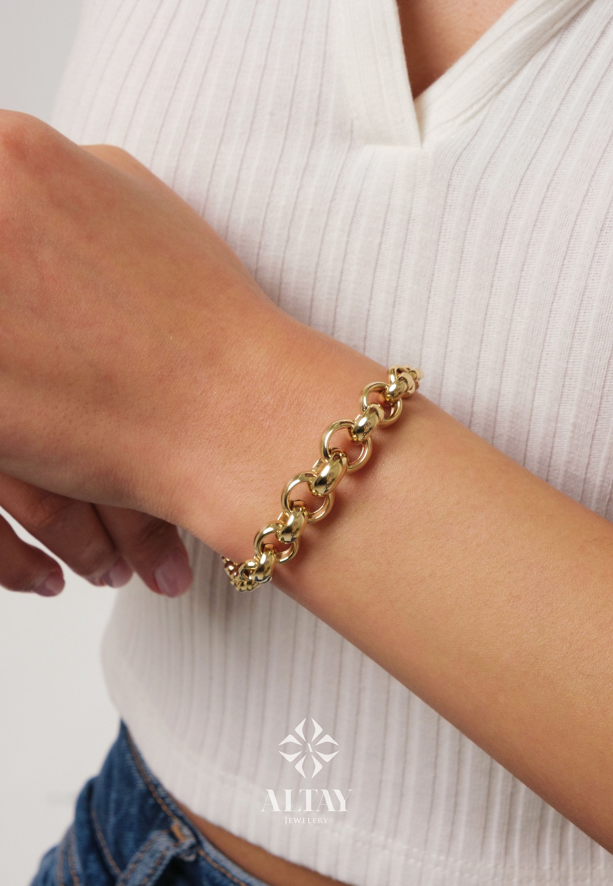 14K Gold Rolo Chain Bracelet, 10mm Round Paperclip Chain, Gold Thick Shiny Round Link, Rolo Gold Link, Woman Man Gold Stacking Bracelet