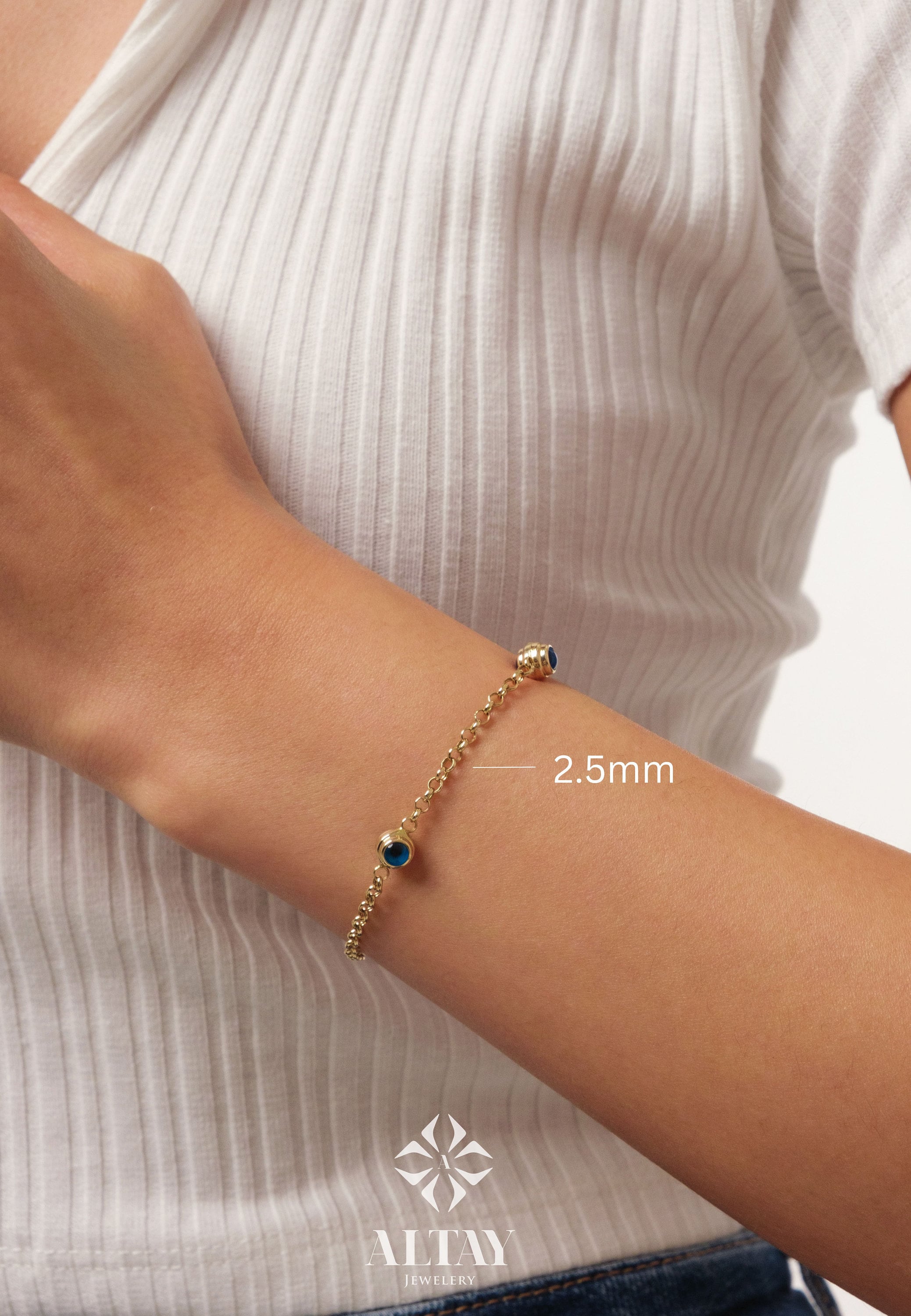 14K Gold Evil Eye Bracelet, 2.5mm Gold Rolo Chain Bracelet, 3 Evil Eye Charm Bracelet, Minimalist Everyday Protective Jewelry, Gift For Her
