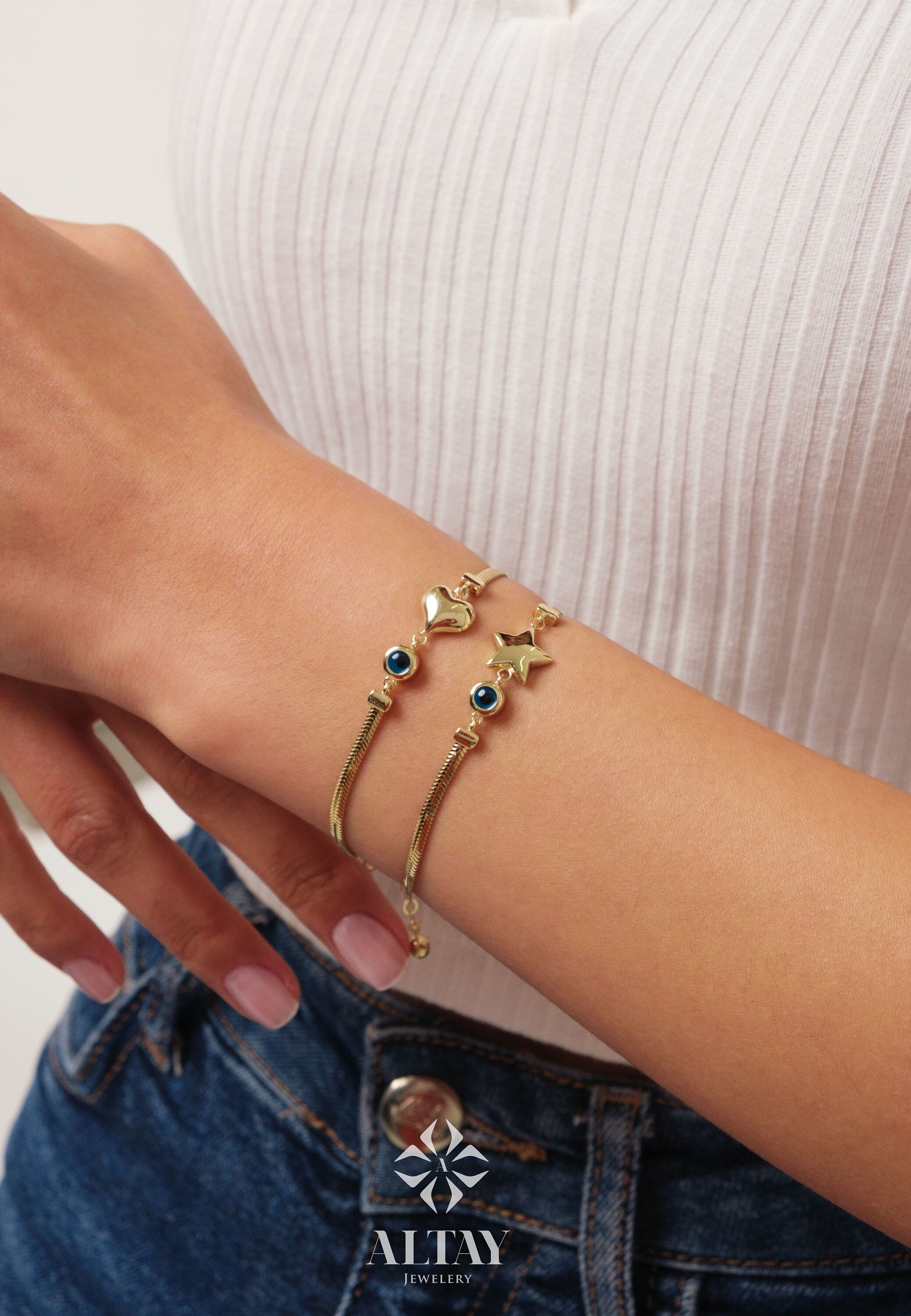 14K Gold Snake Chain Heart Star Bracelet, 2.5mm Herringbone Bracelet, Puffy Heart Gold Charm Bracelet, Handmade Evil Eye Star Bracelet