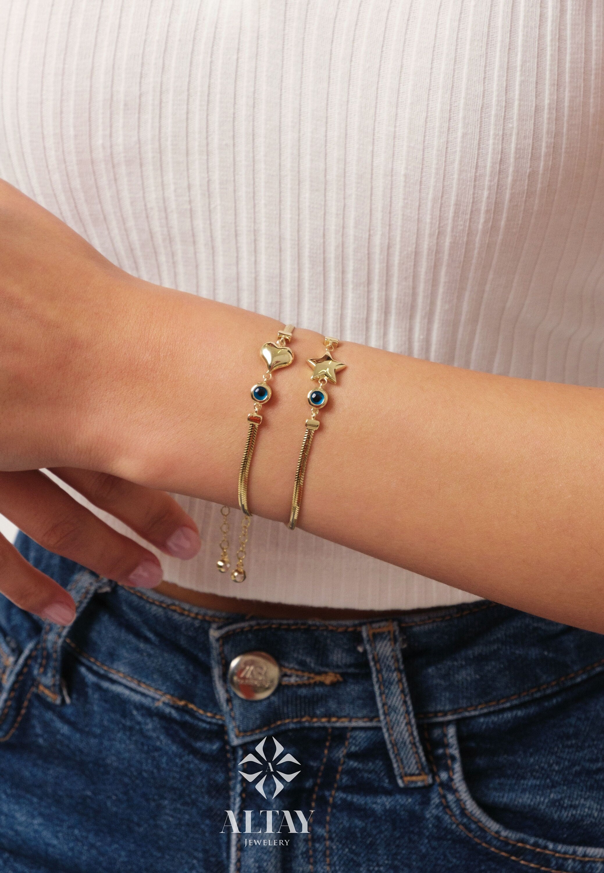 14K Gold Snake Chain Heart Star Bracelet, 2.5mm Herringbone Bracelet, Puffy Heart Gold Charm Bracelet, Handmade Evil Eye Star Bracelet