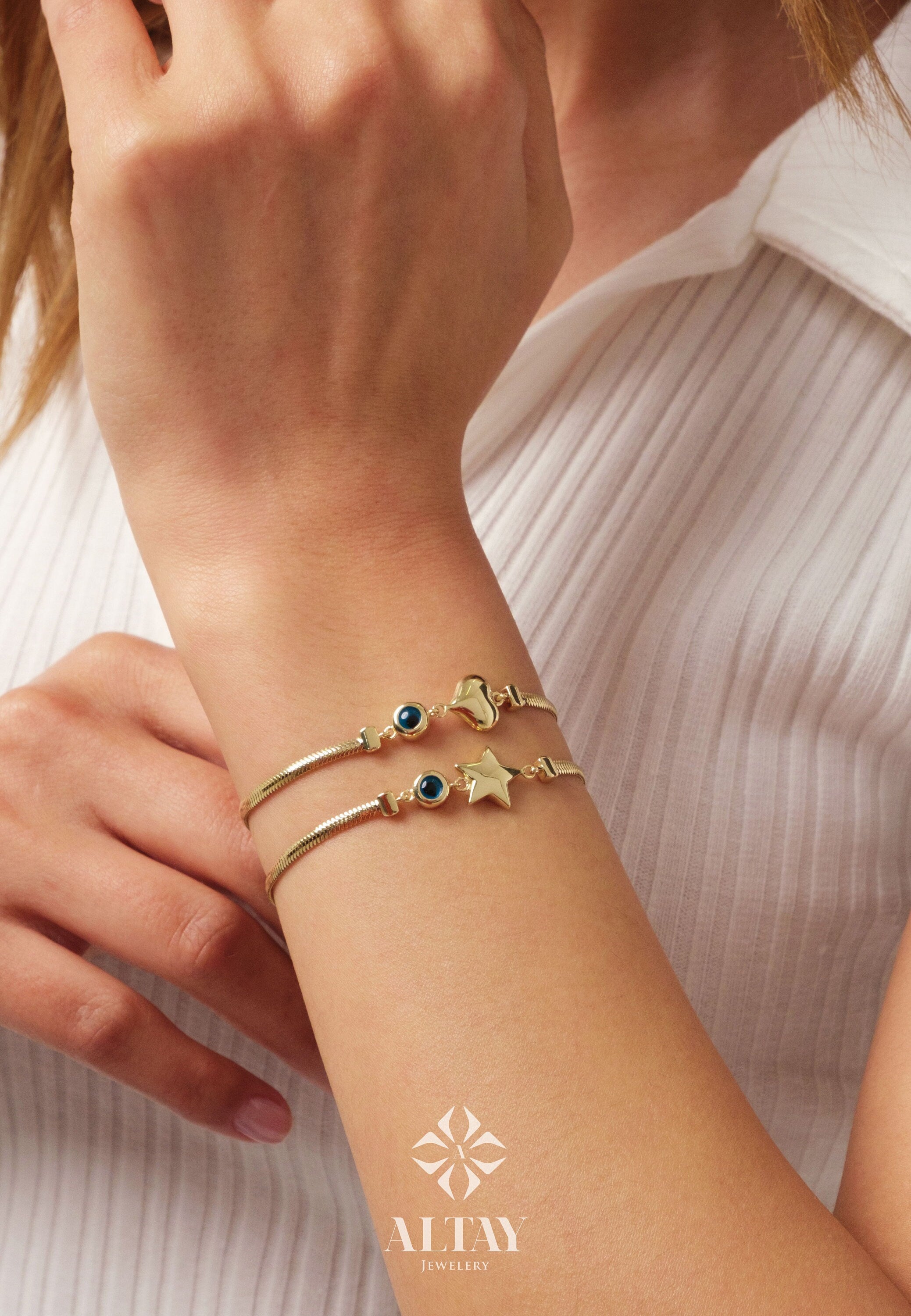 14K Gold Snake Chain Heart Star Bracelet, 2.5mm Herringbone Bracelet, Puffy Heart Gold Charm Bracelet, Handmade Evil Eye Star Bracelet