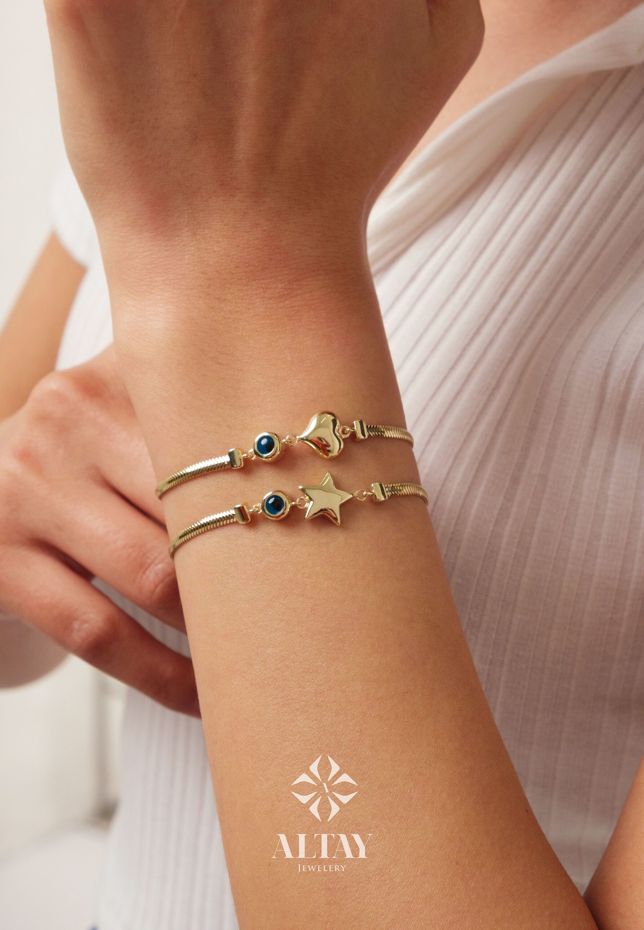 14K Gold Snake Chain Heart Star Bracelet, 2.5mm Herringbone Bracelet, Puffy Heart Gold Charm Bracelet, Handmade Evil Eye Star Bracelet