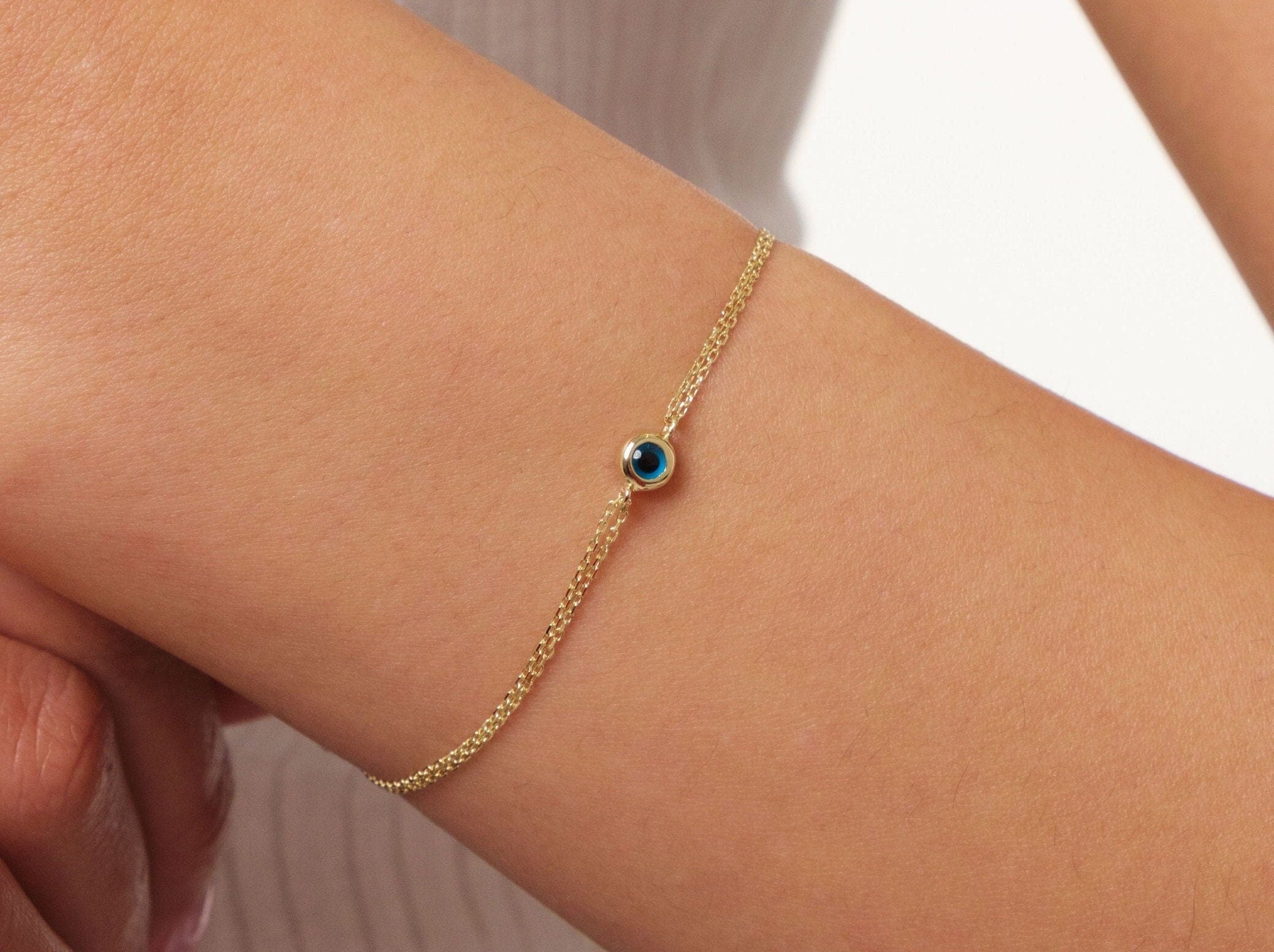 14K Gold Evil Eye Bracelet, Evil Eye Charm Bracelet, Gold Cable Chain Bracelet, Minimalist Everyday Protective Jewelry, Gift For Wife