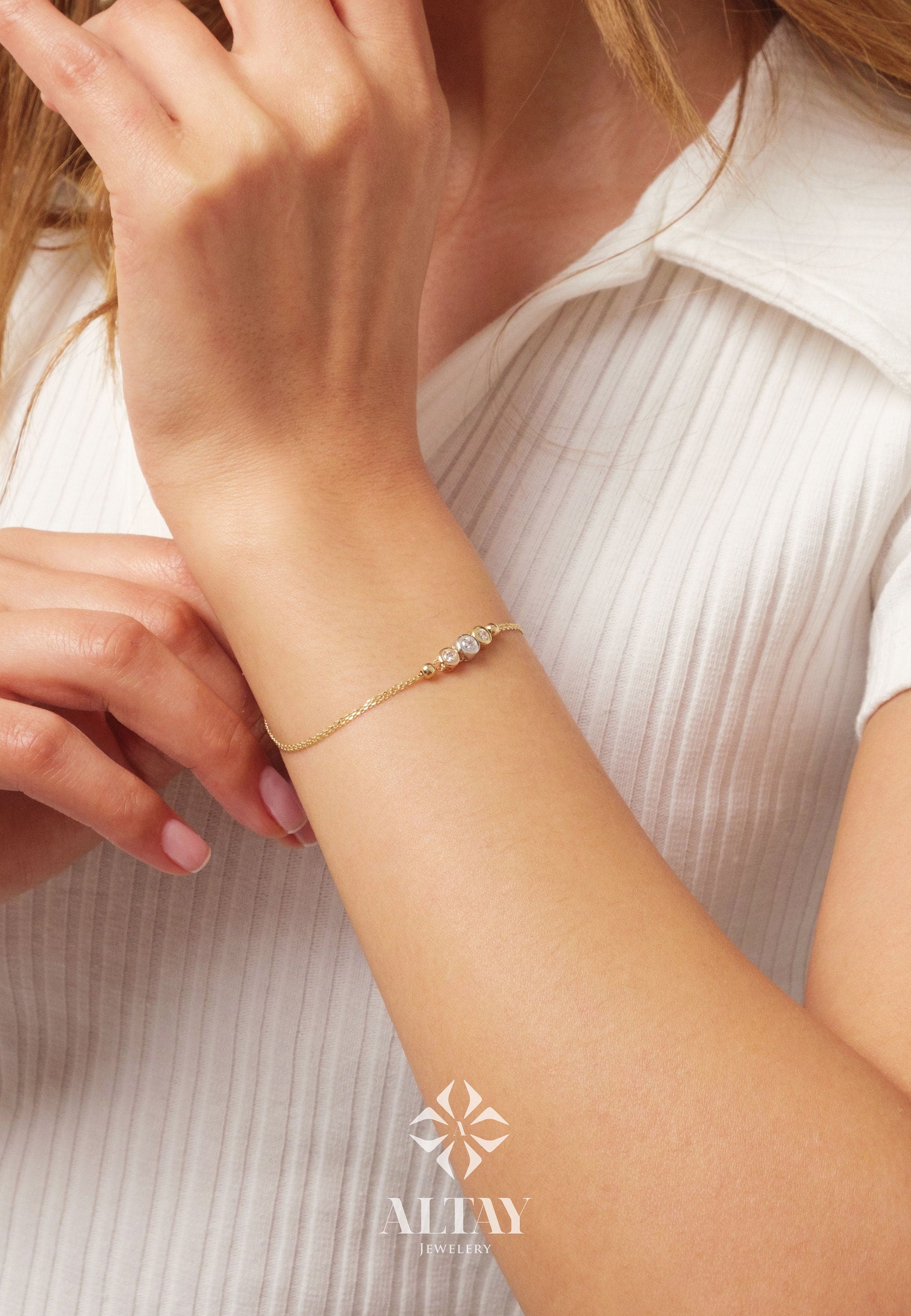 14K Gold Trio Bezel Diamond Bracelet, Three Stone Diamond Bracelet, Dainty Gold Bracelet, Bracelets for Women, Memorial Day Sale