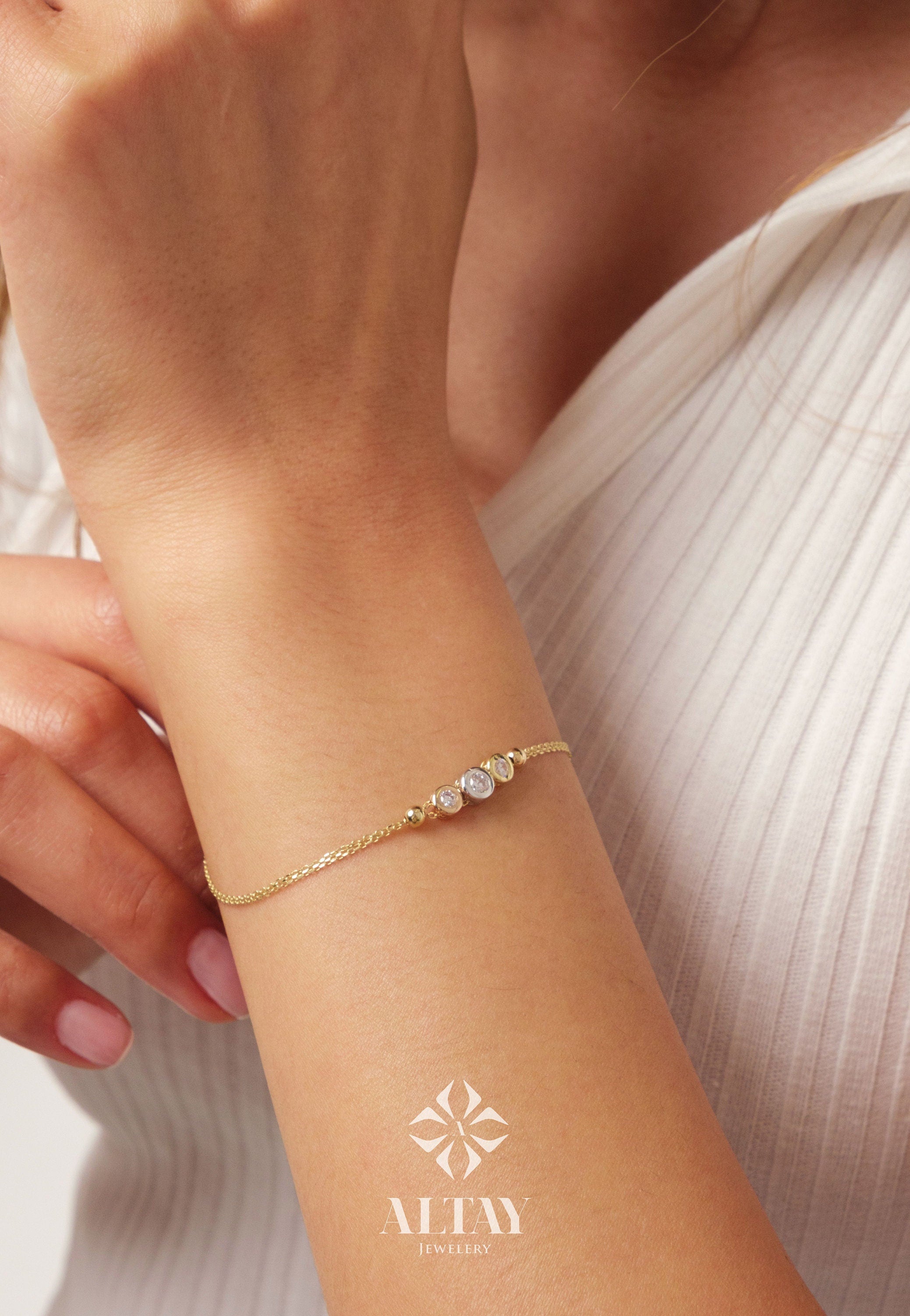 14K Gold Trio Bezel Diamond Bracelet, Three Stone Diamond Bracelet, Dainty Gold Bracelet, Bracelets for Women, Memorial Day Sale